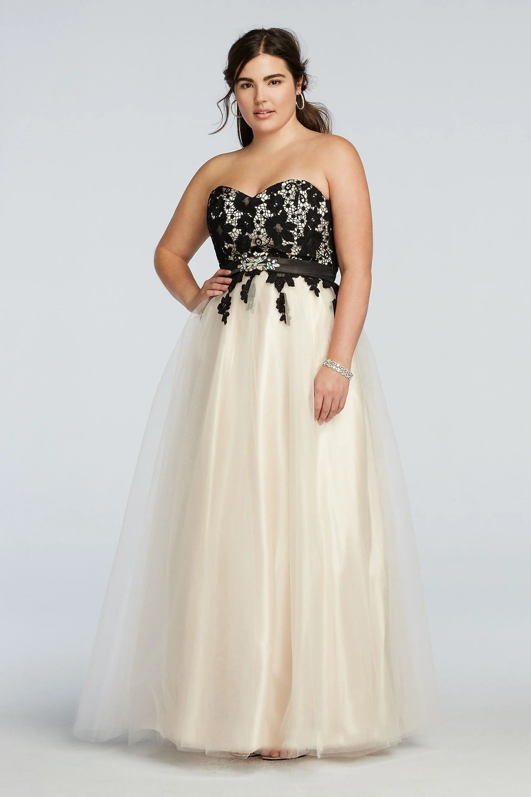 Strapless Lace Prom Dress with Tulle Skirt