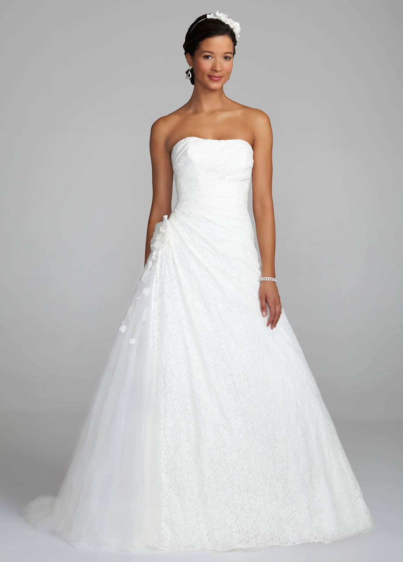 Strapless A Line Lace and Side Drape Gown