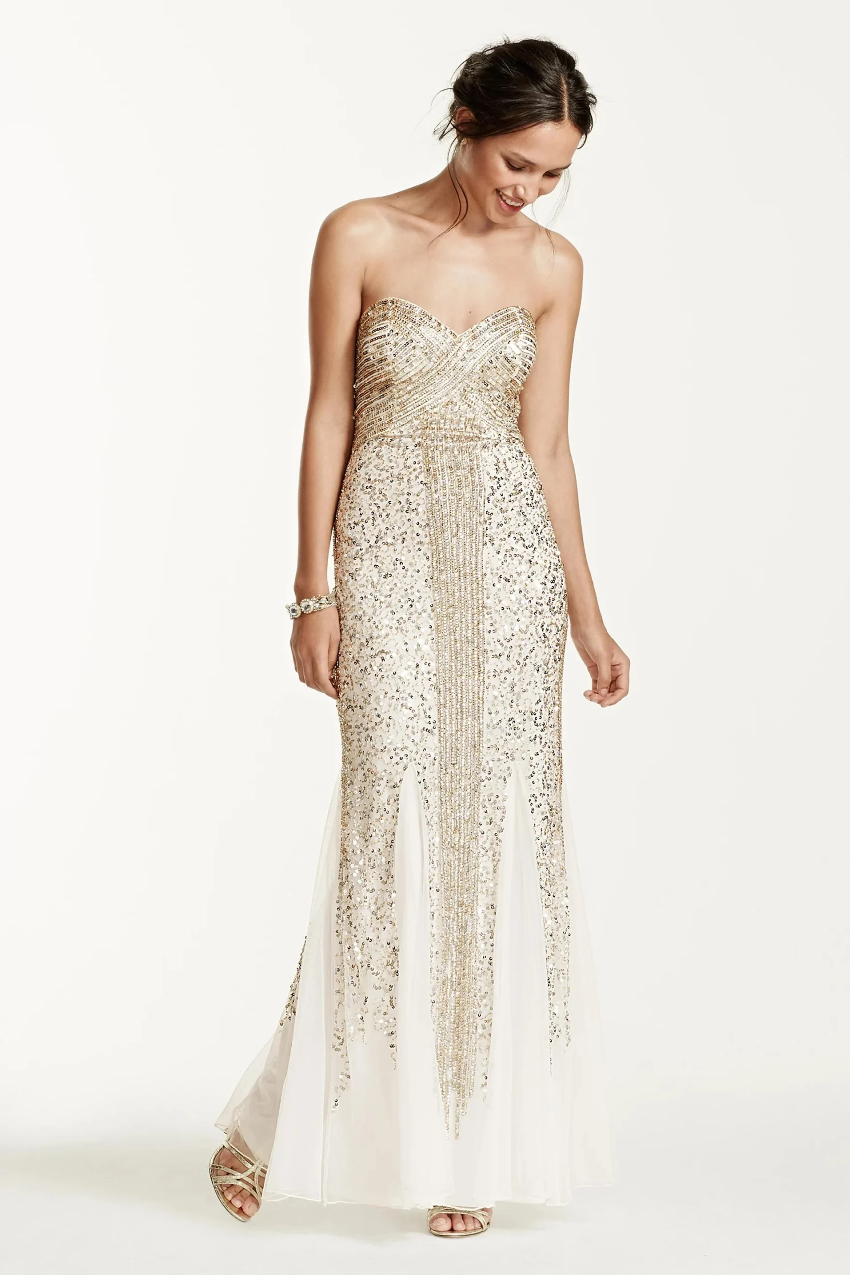Strapless Linear Sequin Beaded Dress