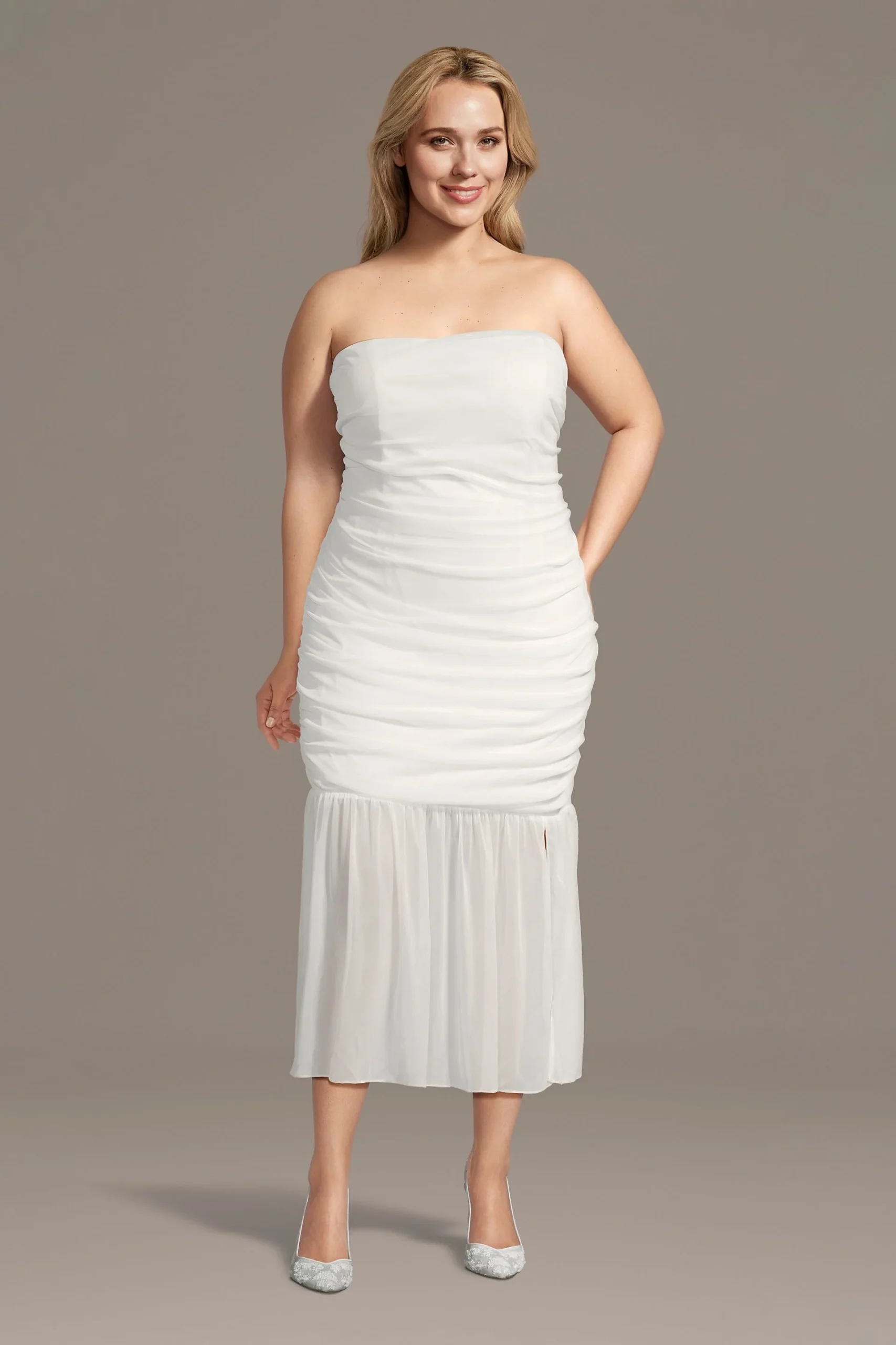 Strapless Mesh Drop Waist Midi Dress