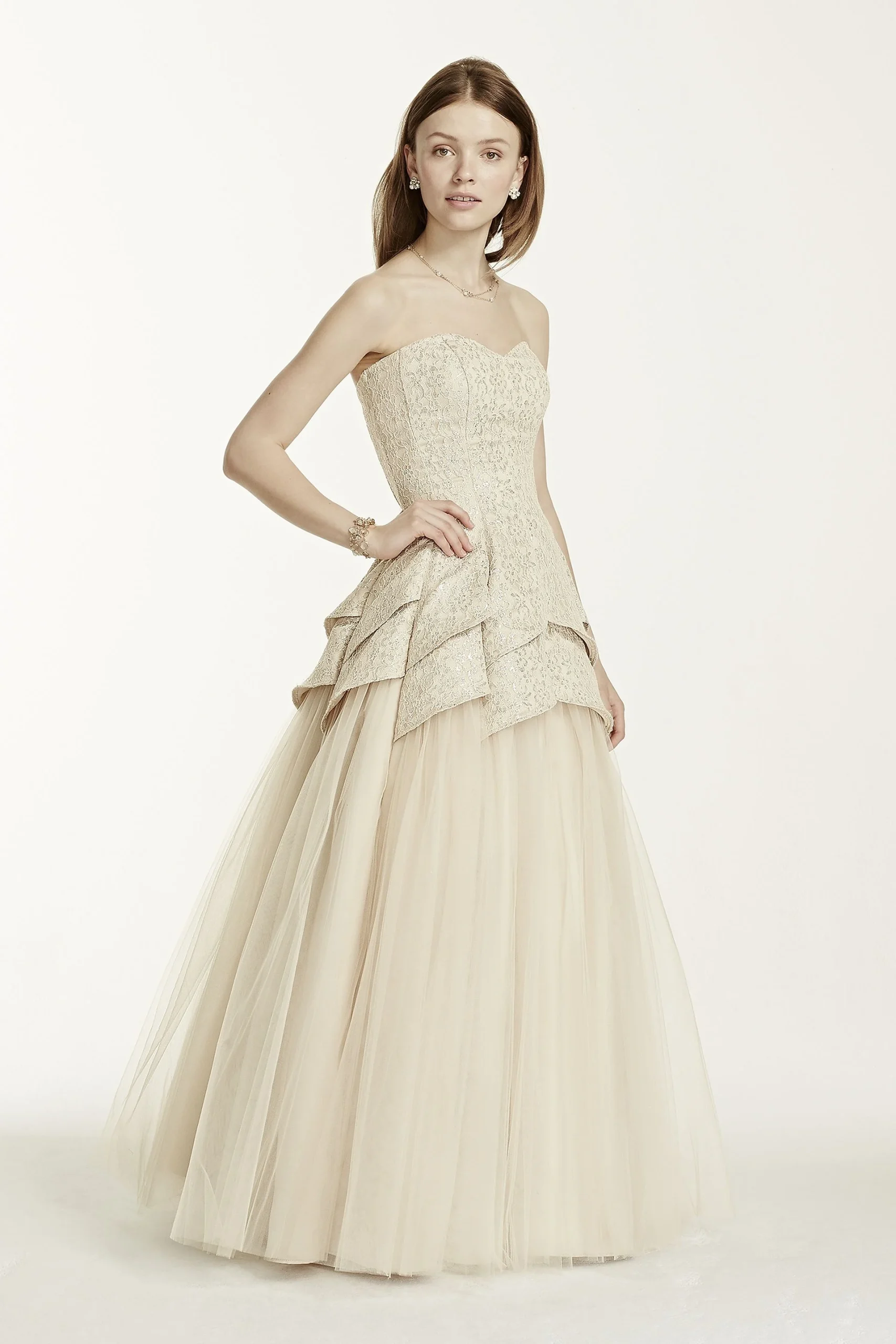 Strapless Metallic Lace Tulip Tulle Prom Dress