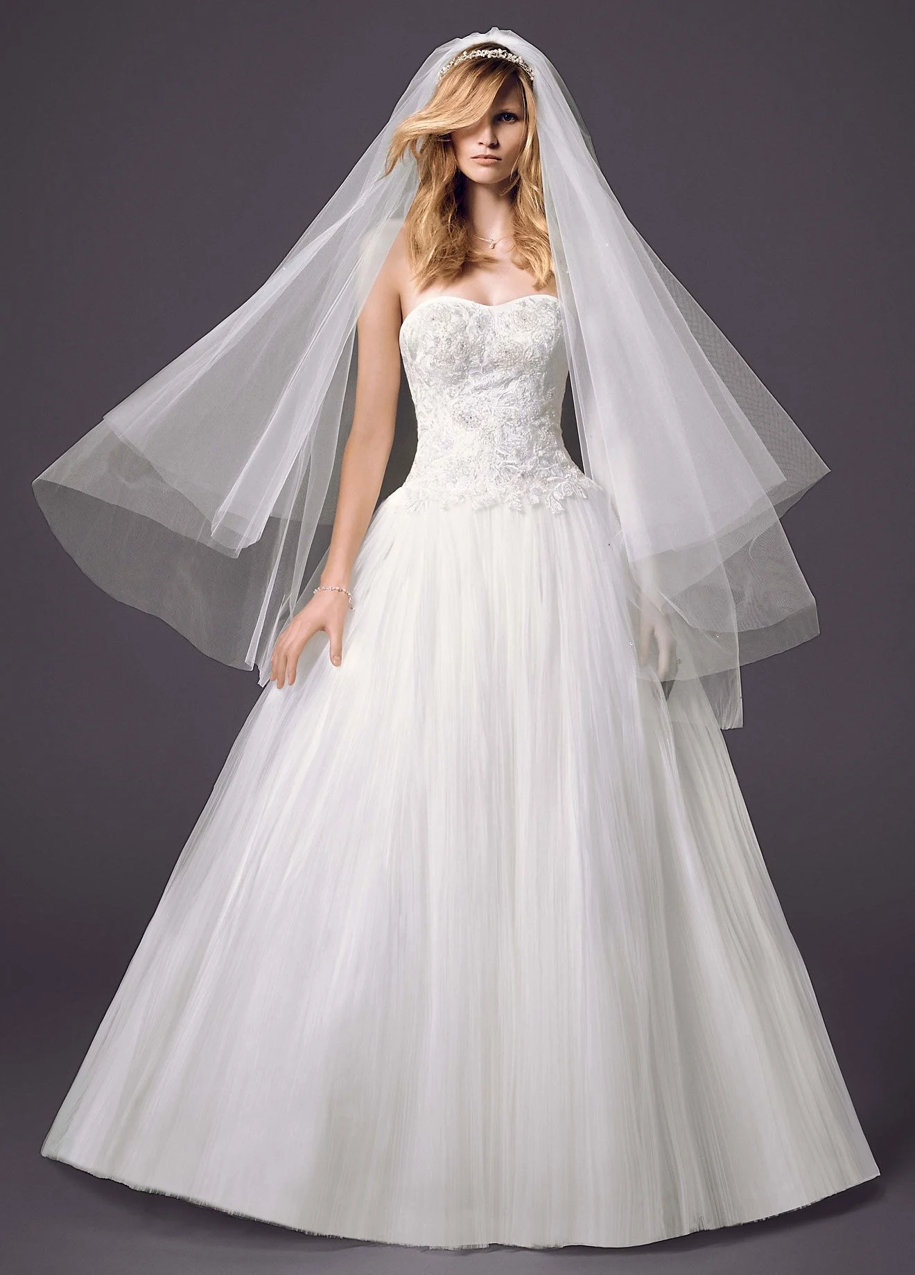 Strapless Pleated Bodice Tulle Ball Gown