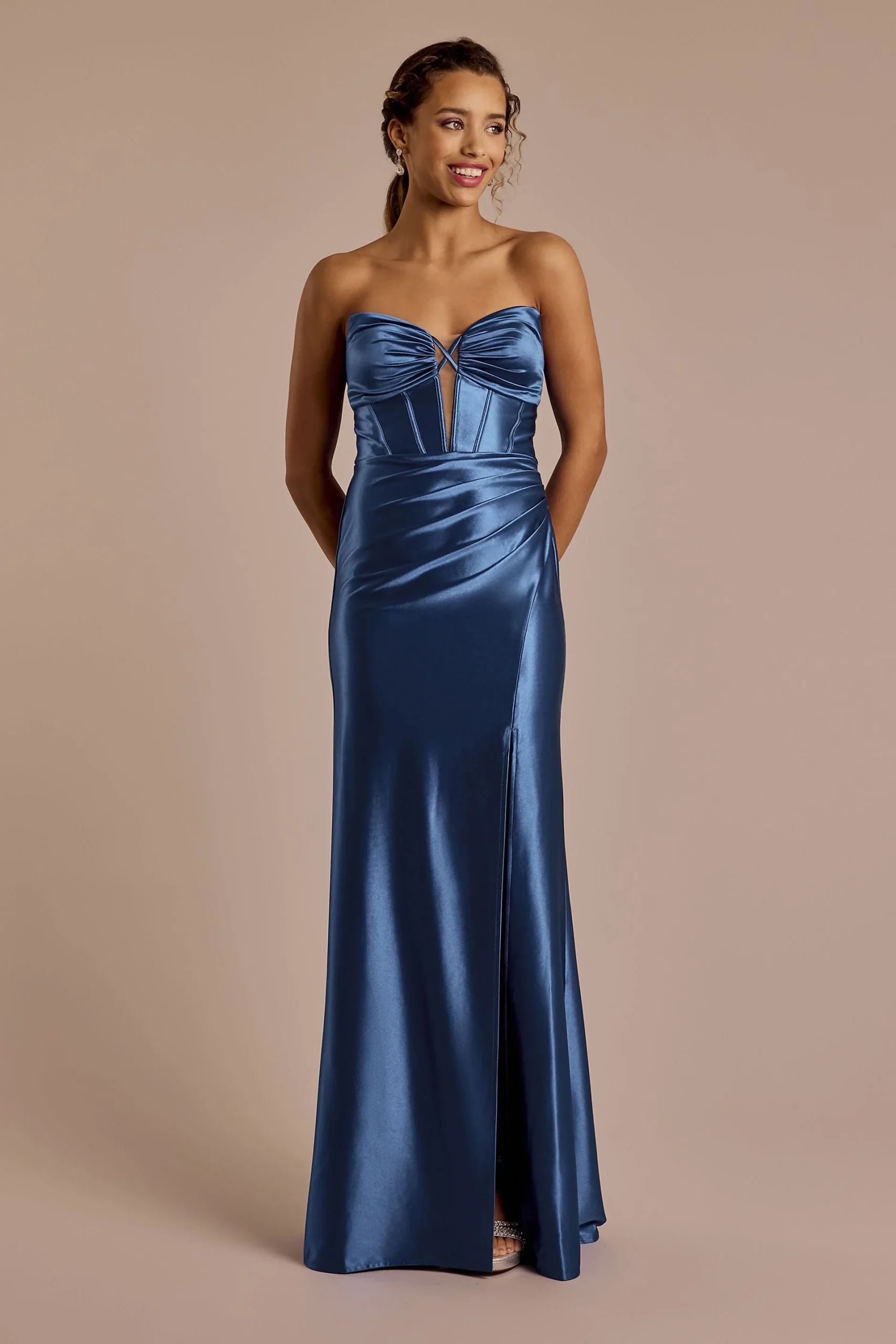 Strapless Plunge Sculpting Satin Sheath Dress