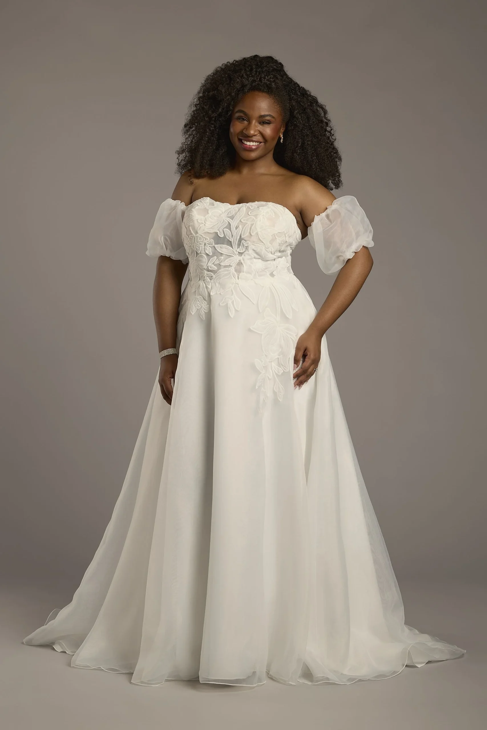 Strapless Puff Sleeve Organza A-Line Wedding Dress
