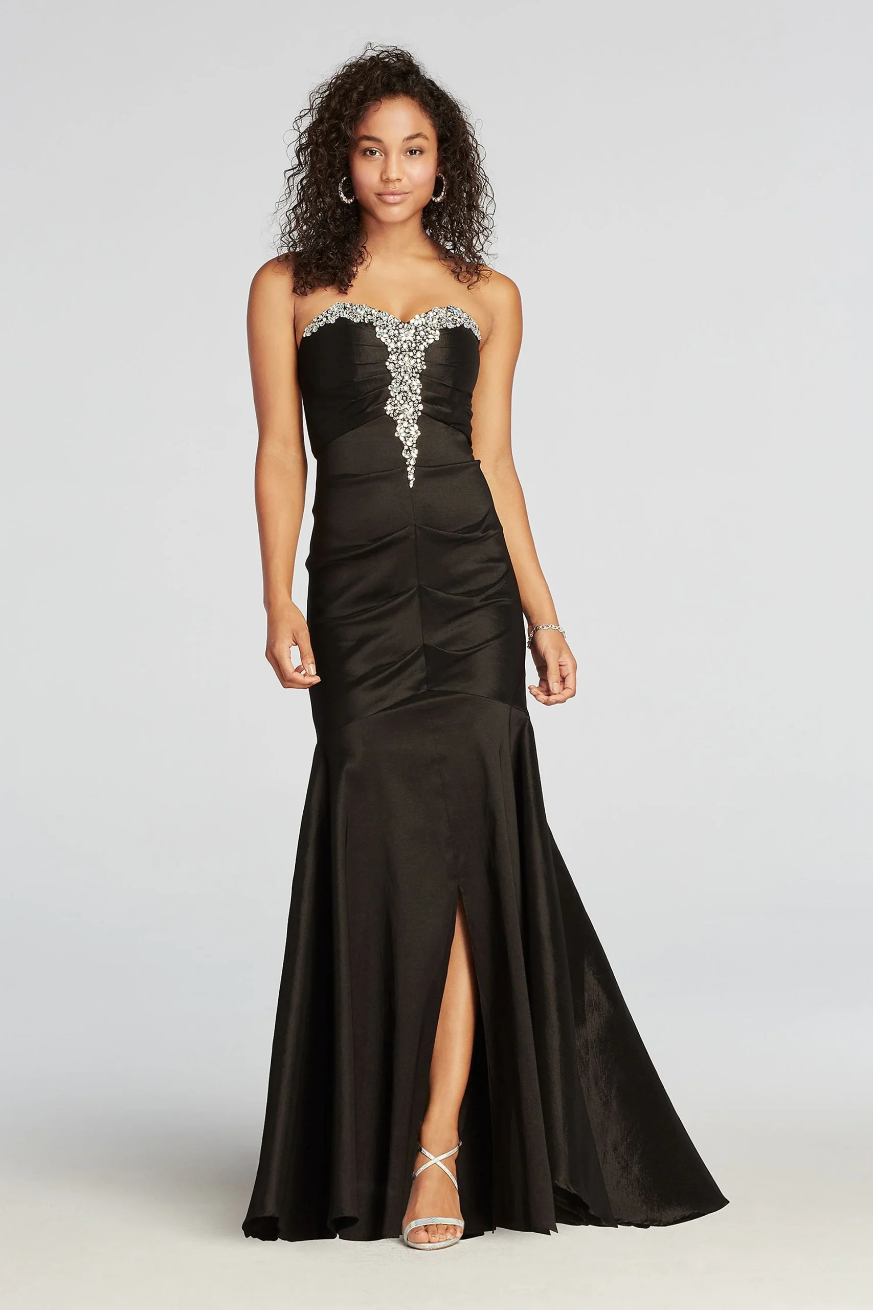 Strapless Ruched Taffeta Beaded Prom Dress
