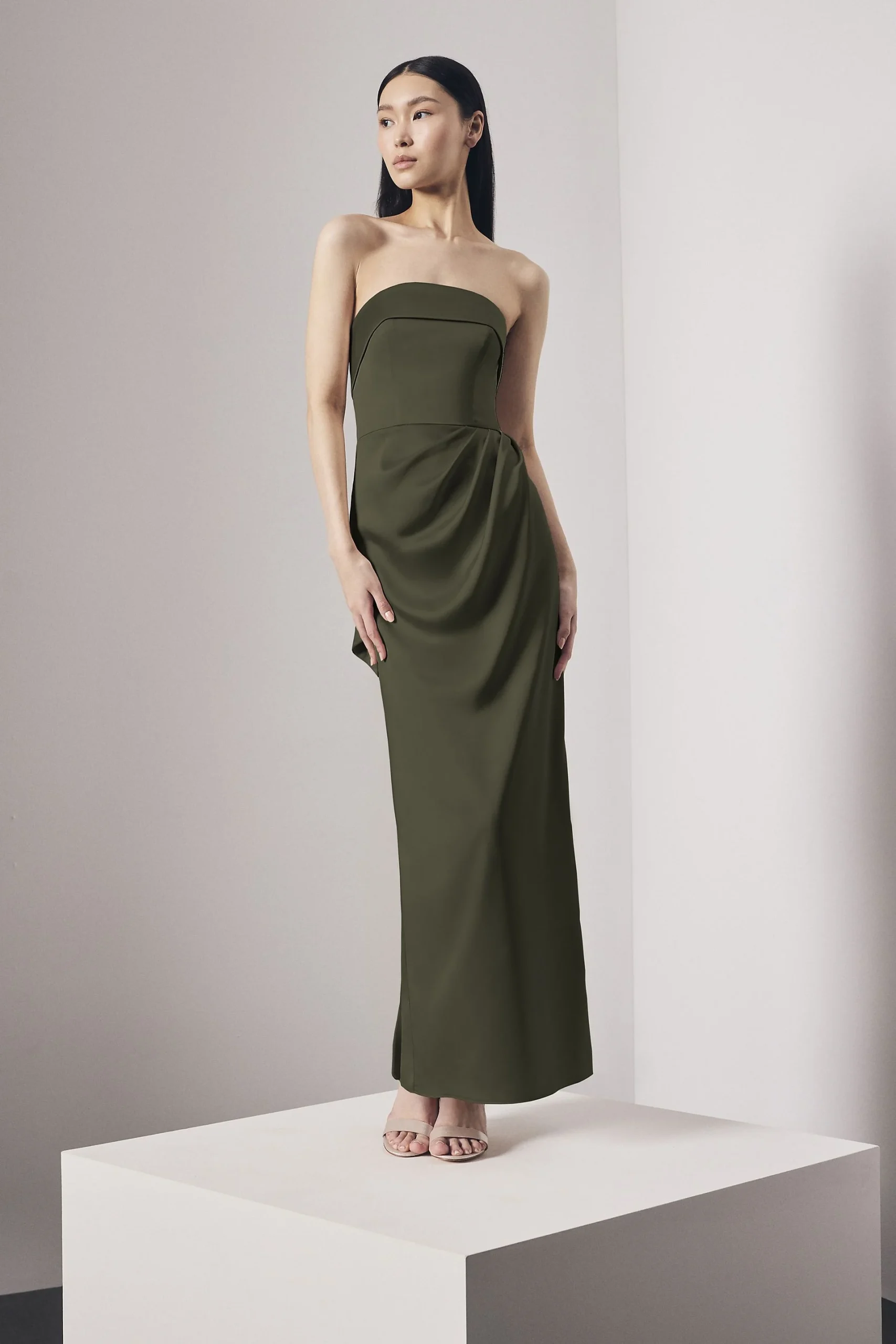 Strapless Satin Column Dress with Back Cascade
