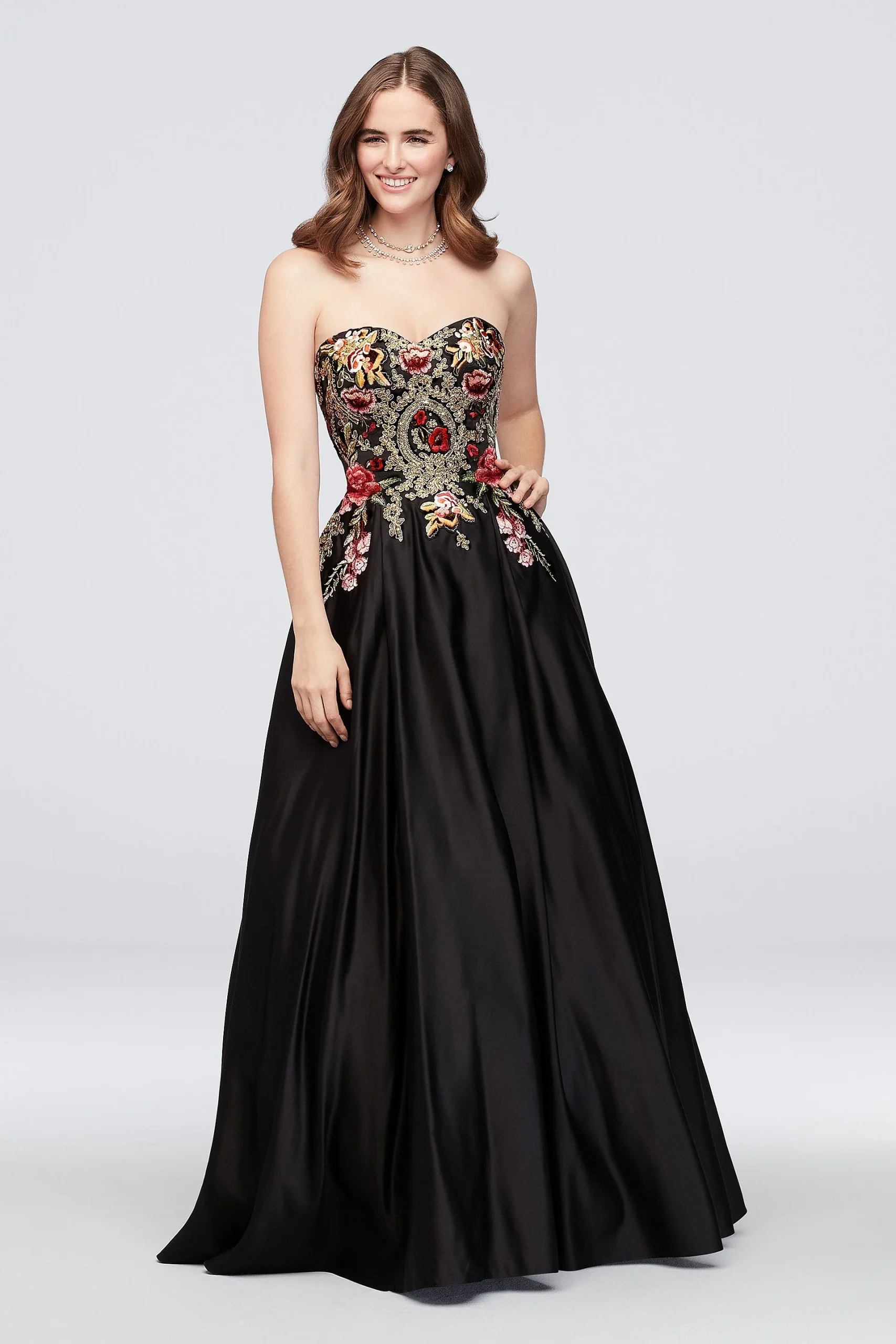Strapless Satin Floral Embroidered Ball Gown