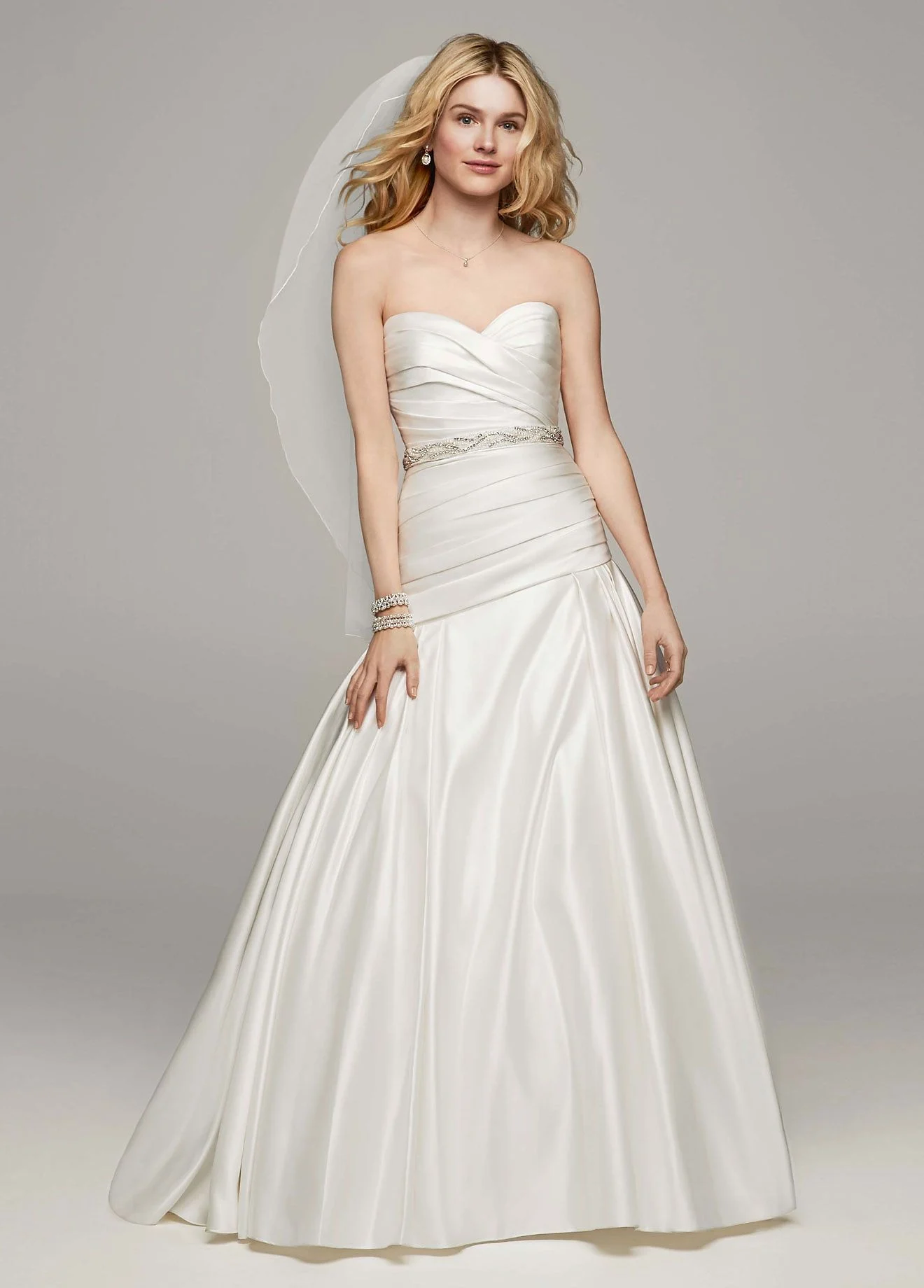 Strapless Satin A Line Gown with Ruched Bodice