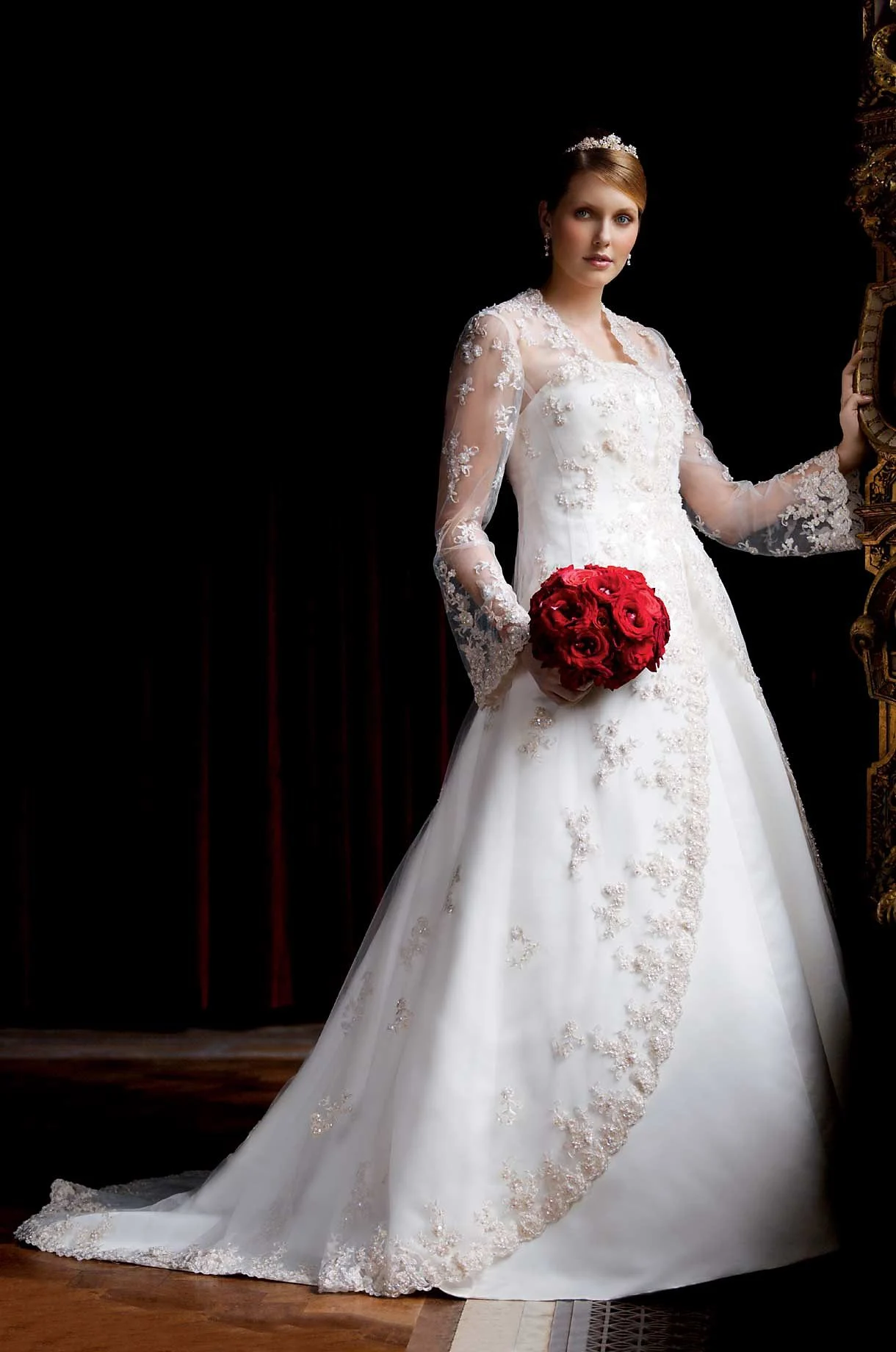 Strapless Satin A-line with Beaded Lace Jacket