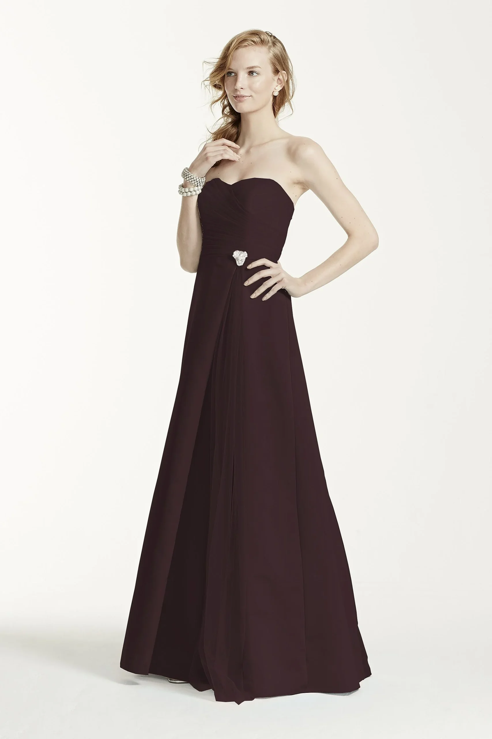 Strapless Satin Long Dress with Side Brooch