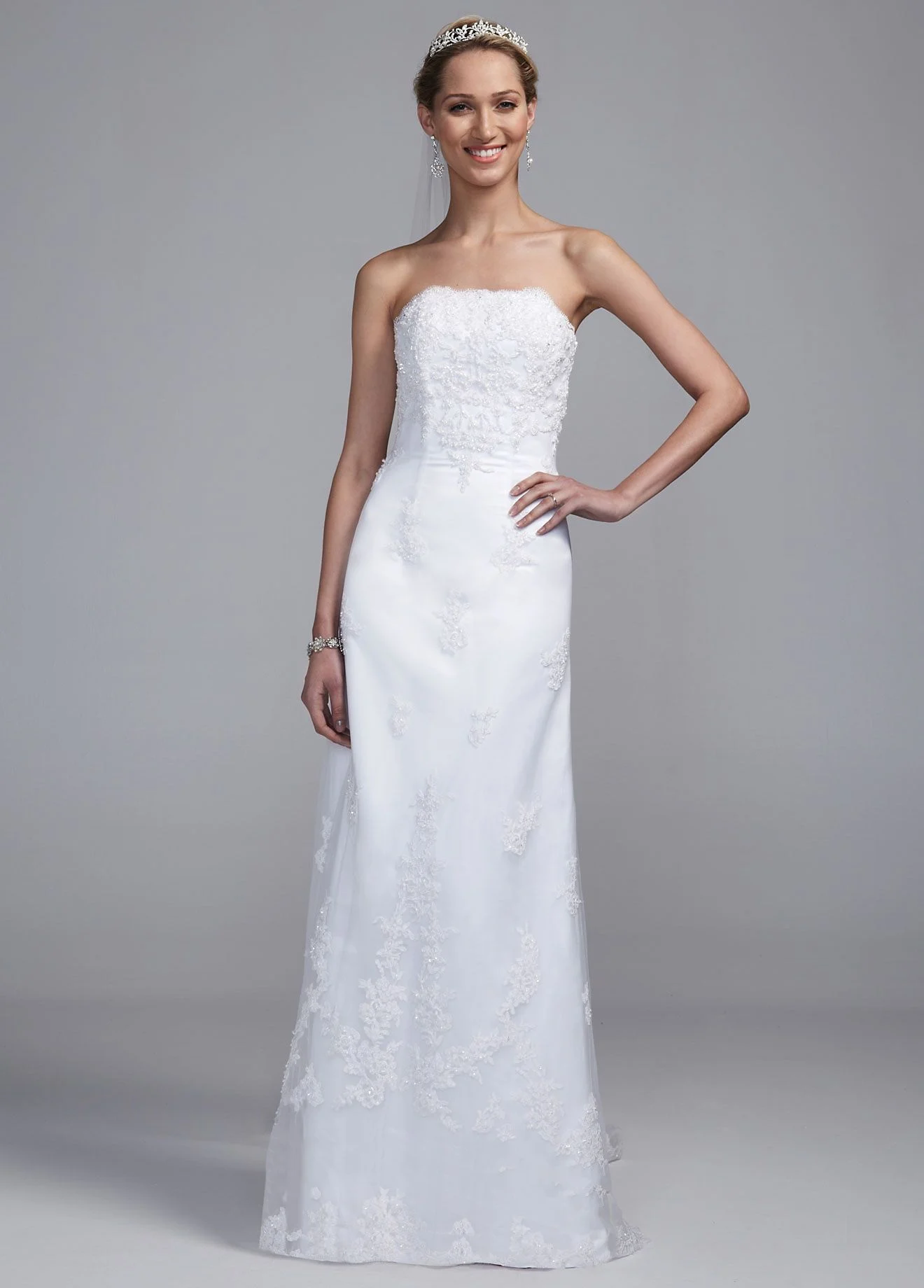 Strapless Satin Sheath Gown with Lace Appliques