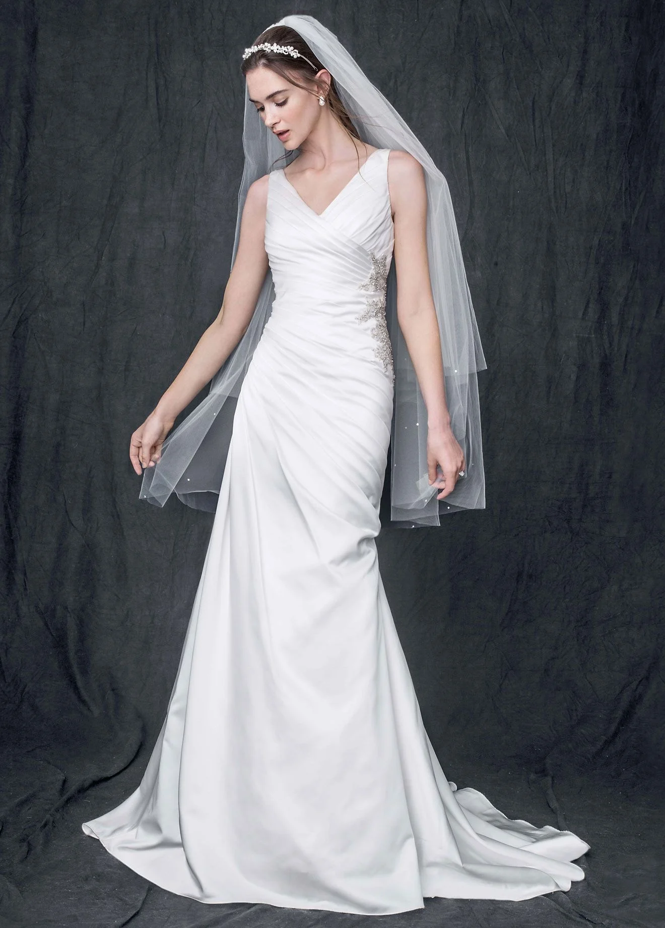 Strapless Satin V Neck Gown with Ruched Bodice