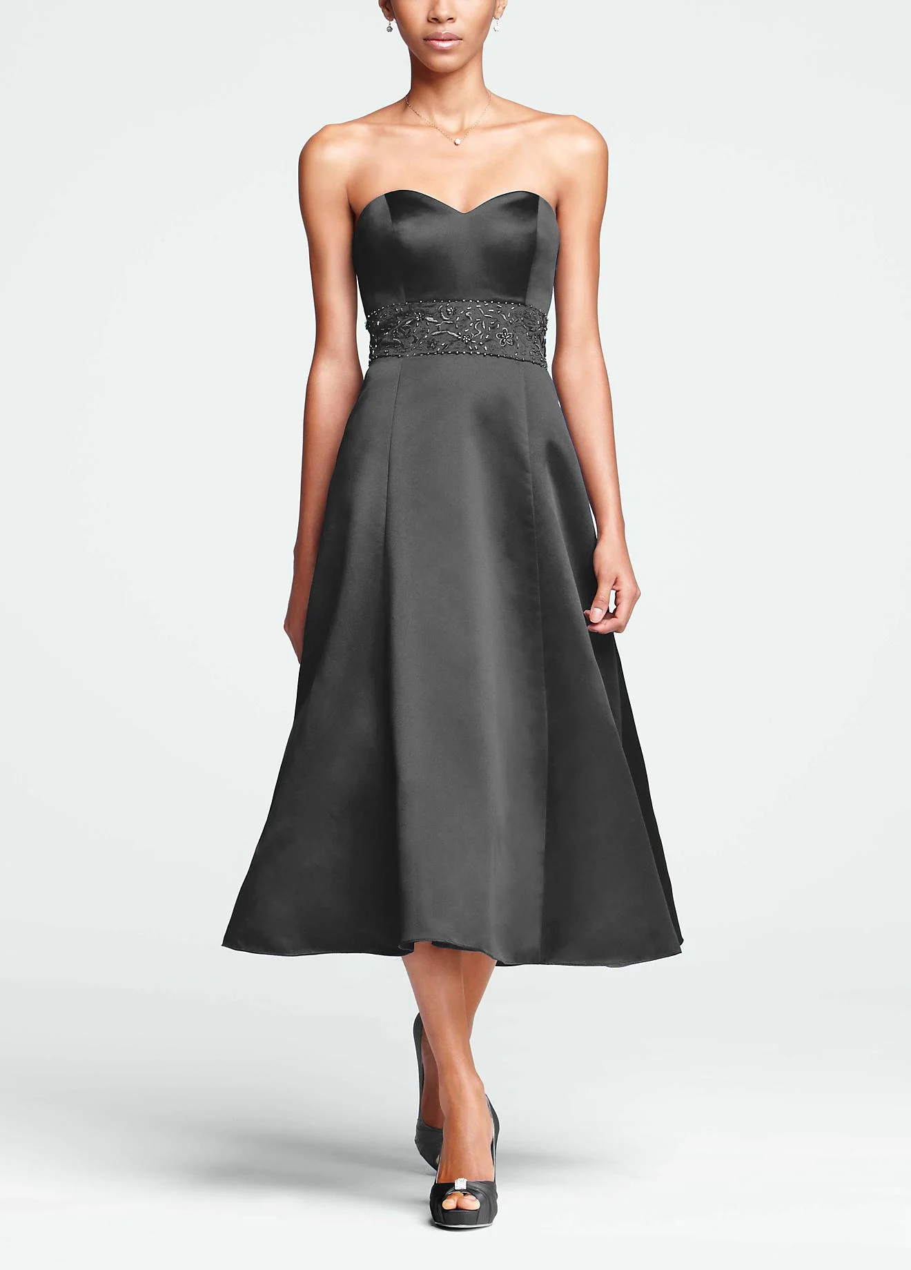 Strapless Sweetheart Tea Length Dress with Beading