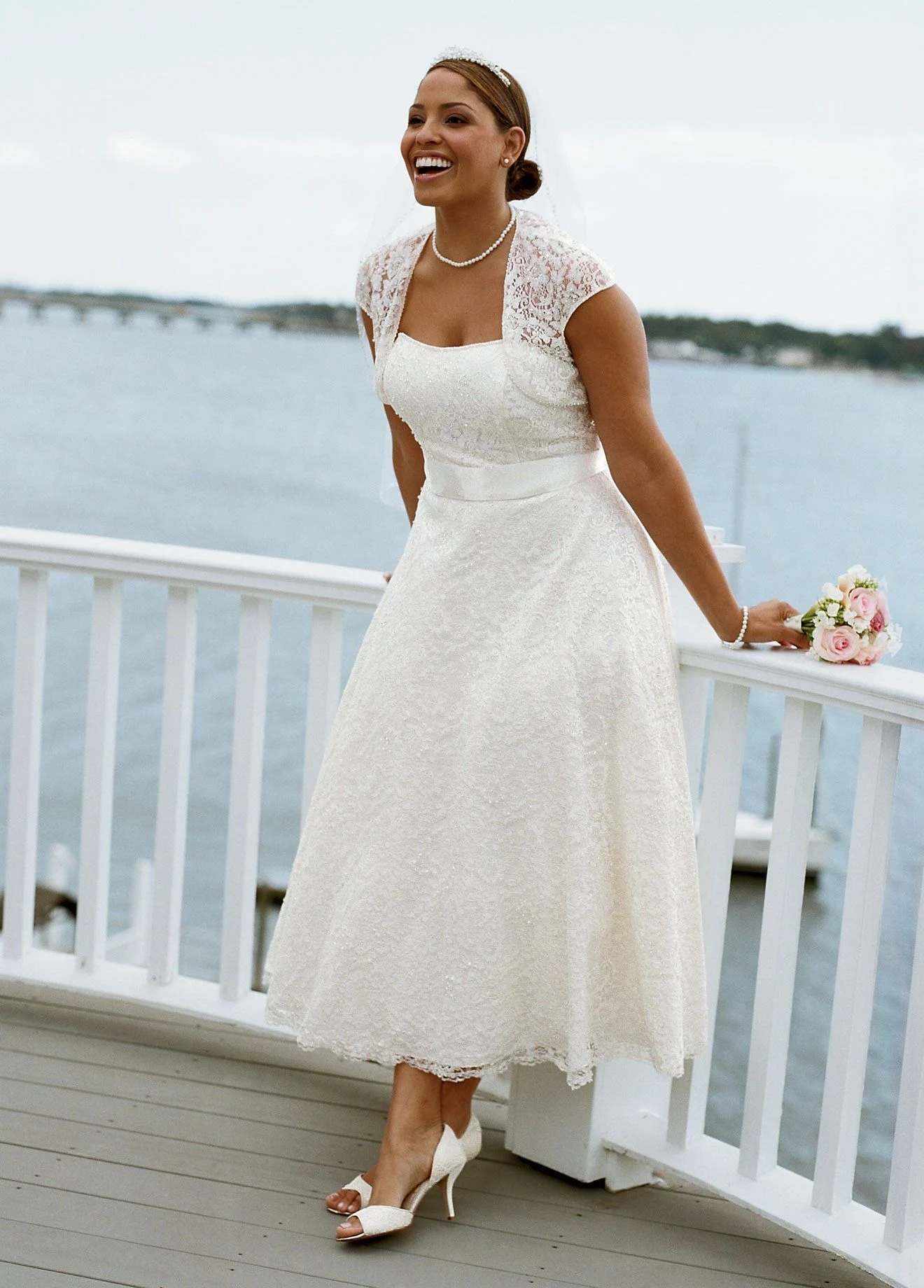 Strapless Tea-Length Gown with Cap Sleeve Shrug