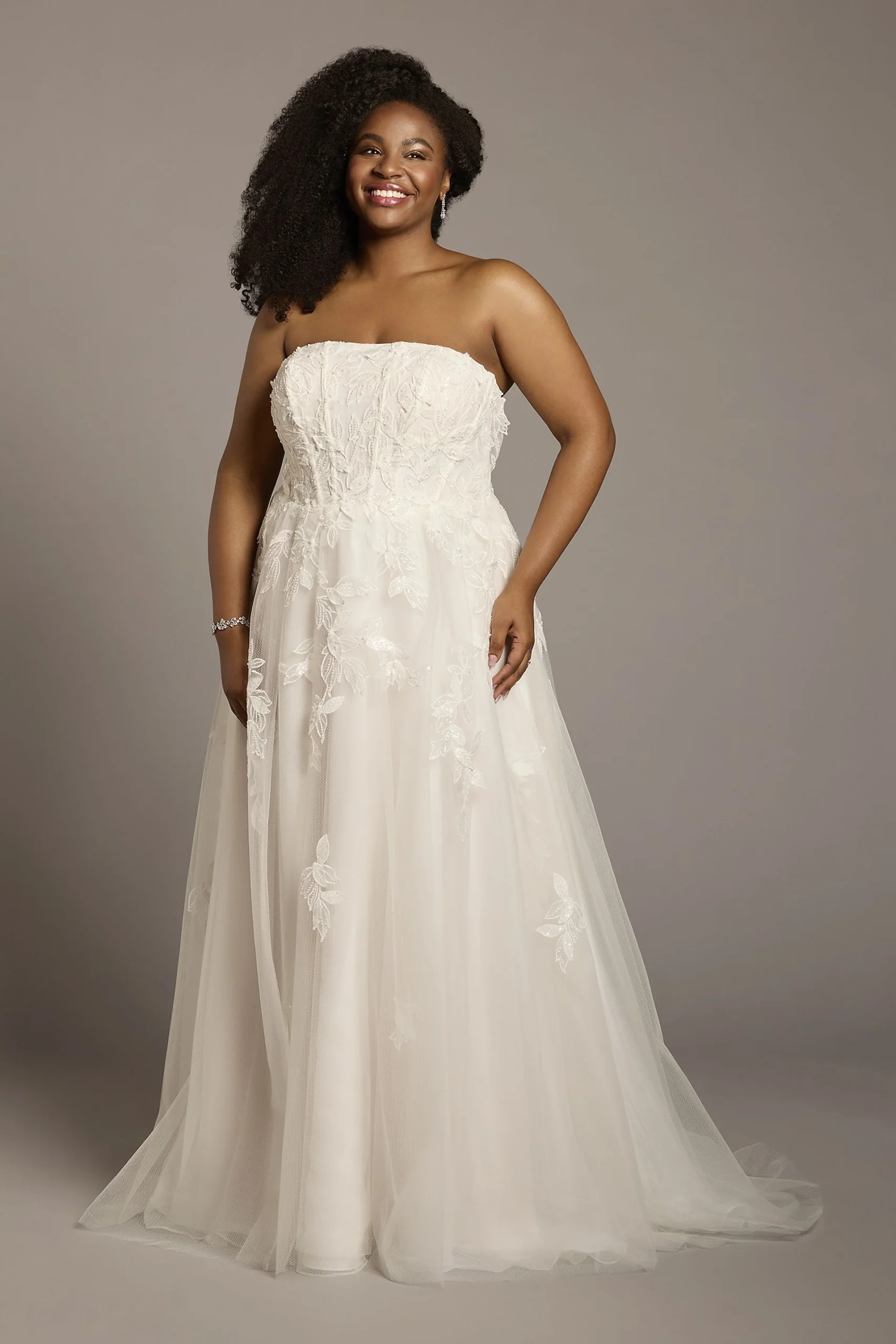 Strapless Tulle Ball Gown with 3D Flower Appliques