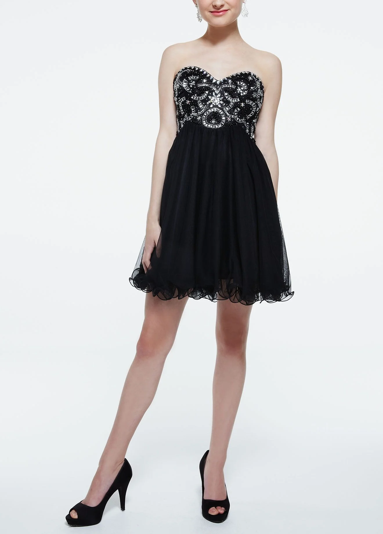 Strapless Tulle Dress with Beaded Swirl Design