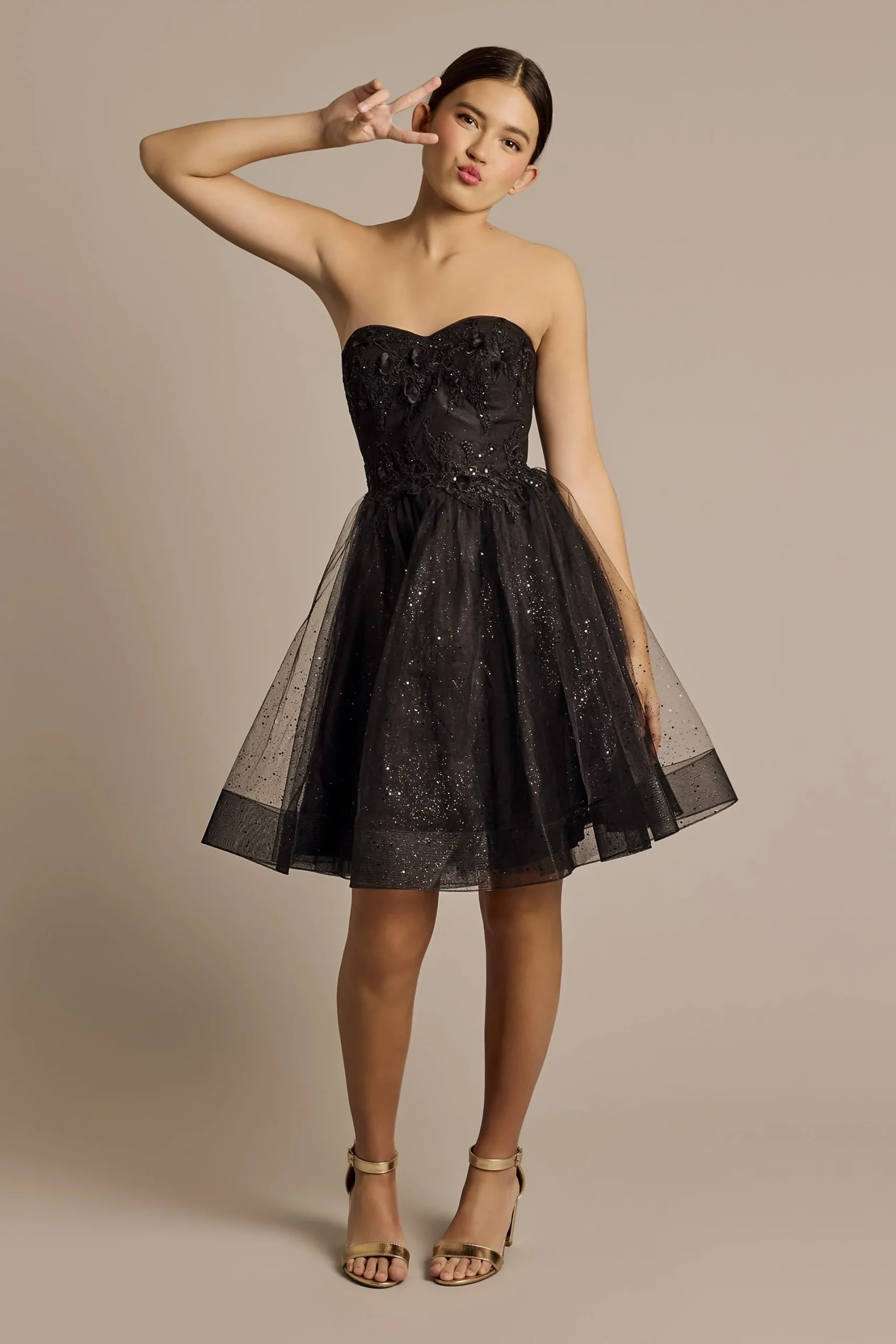 Strapless Tulle A-Line Dress with Floral Appliques