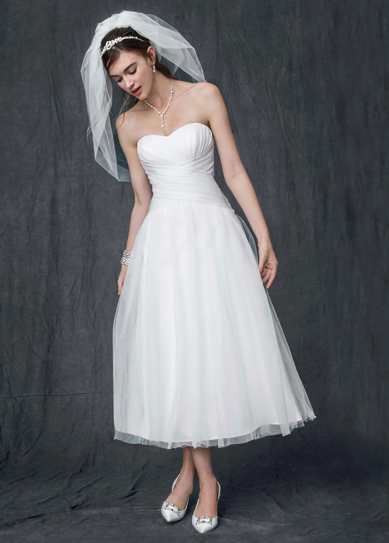Strapless Tulle Tea Length Wedding Dress