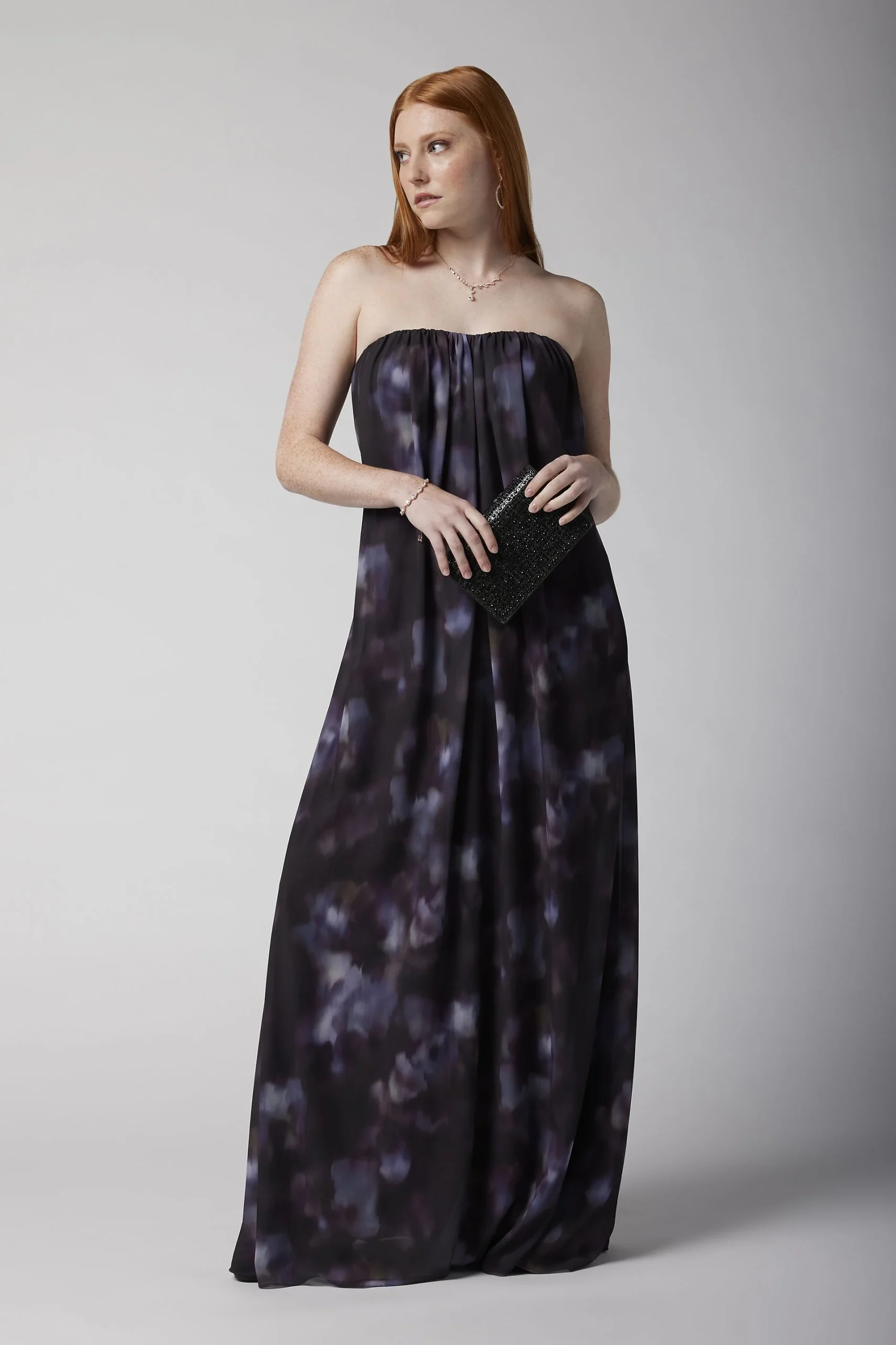 Strapless Watercolor Print Chiffon Column Dress