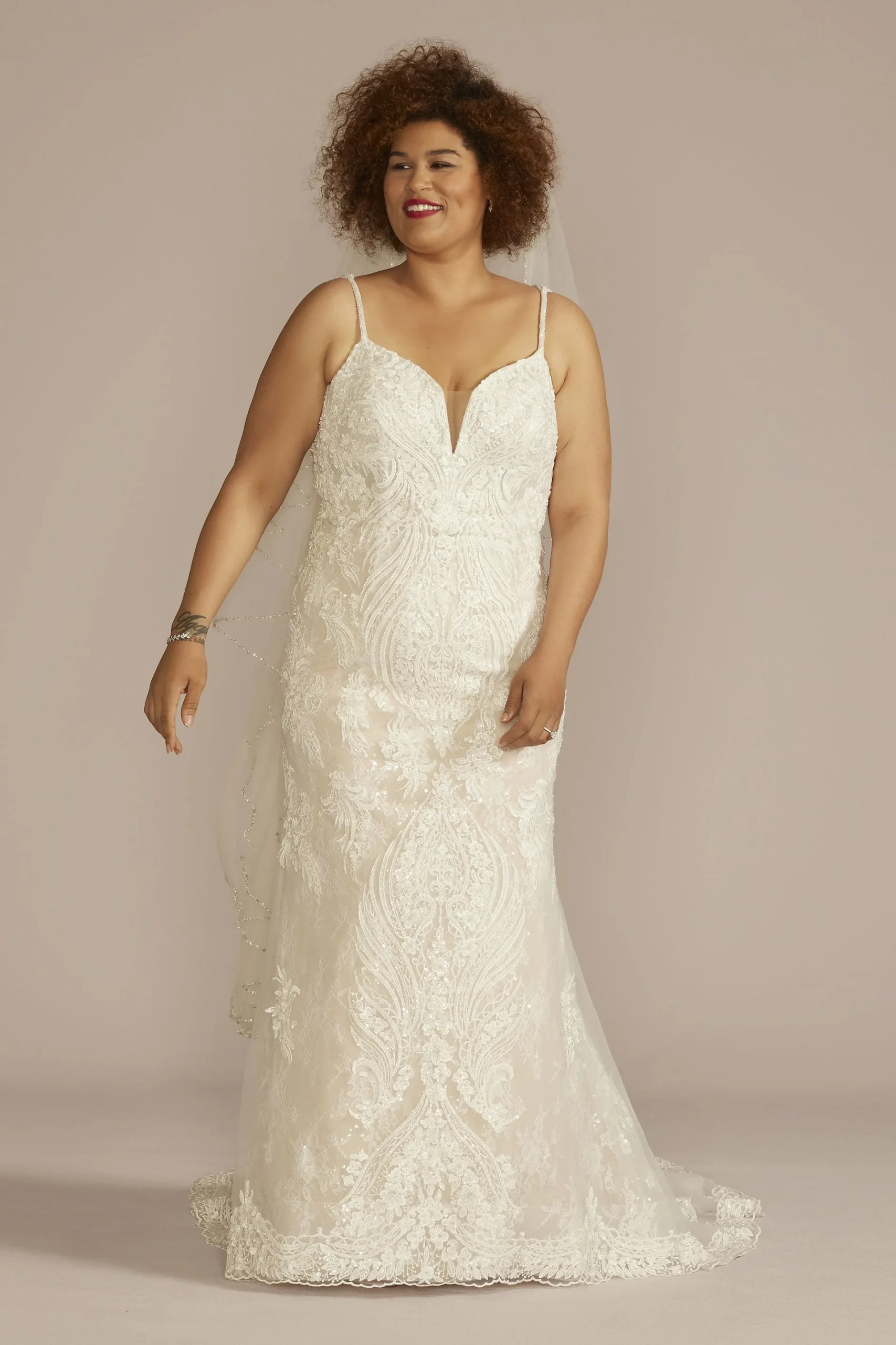 Strappy Allover Beaded Lace Mermaid Wedding Dress