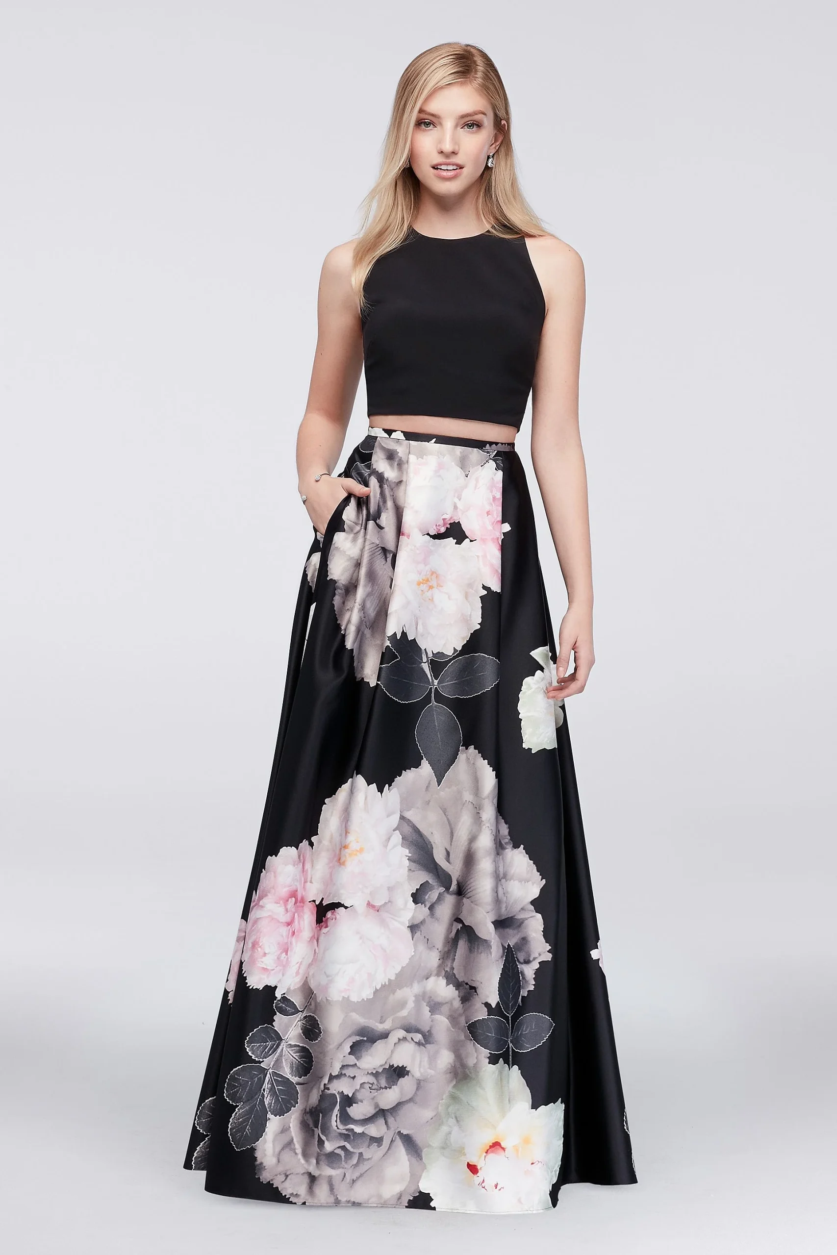 Strappy Jersey and Printed Charmeuse Two-Piece Set