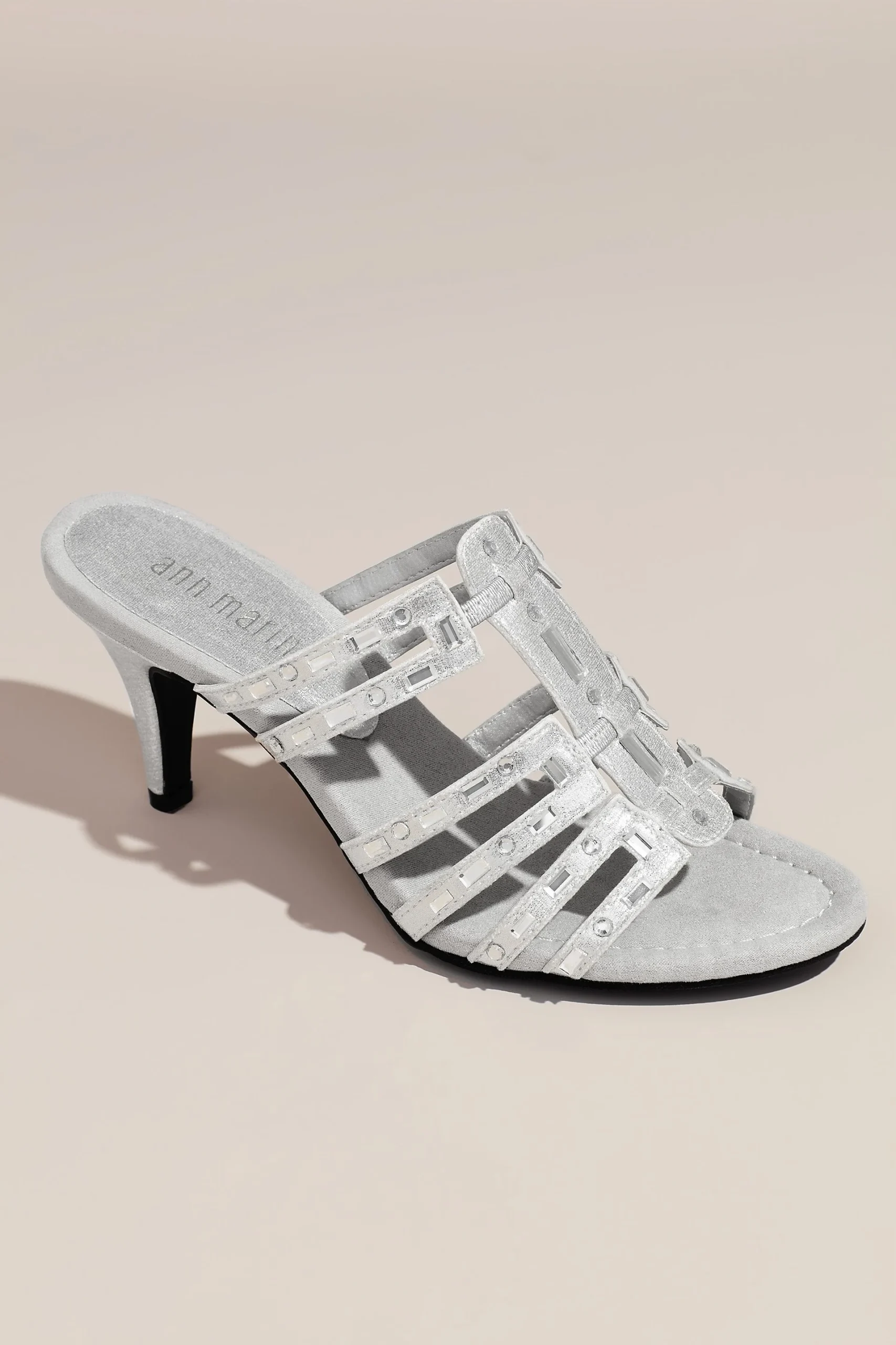 Strappy Metallic Slip-On Heels with Mirror Beads
