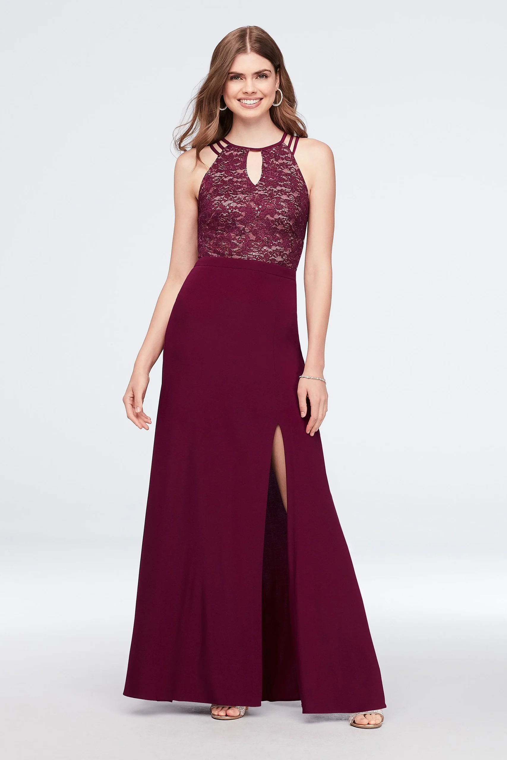 Strappy Sequin Lace and Jersey Keyhole Gown