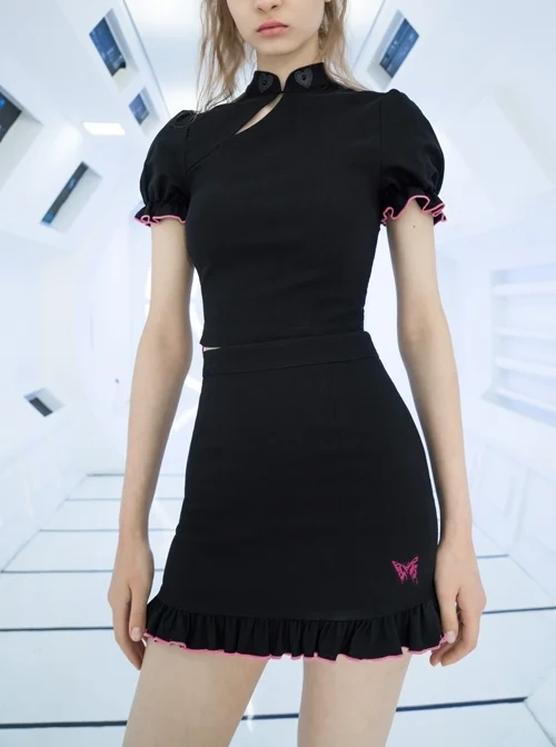 Stretch Collar Leather Love Tags Contrast Wave Cuff Black Crop Punk Modified Cheongsam Top