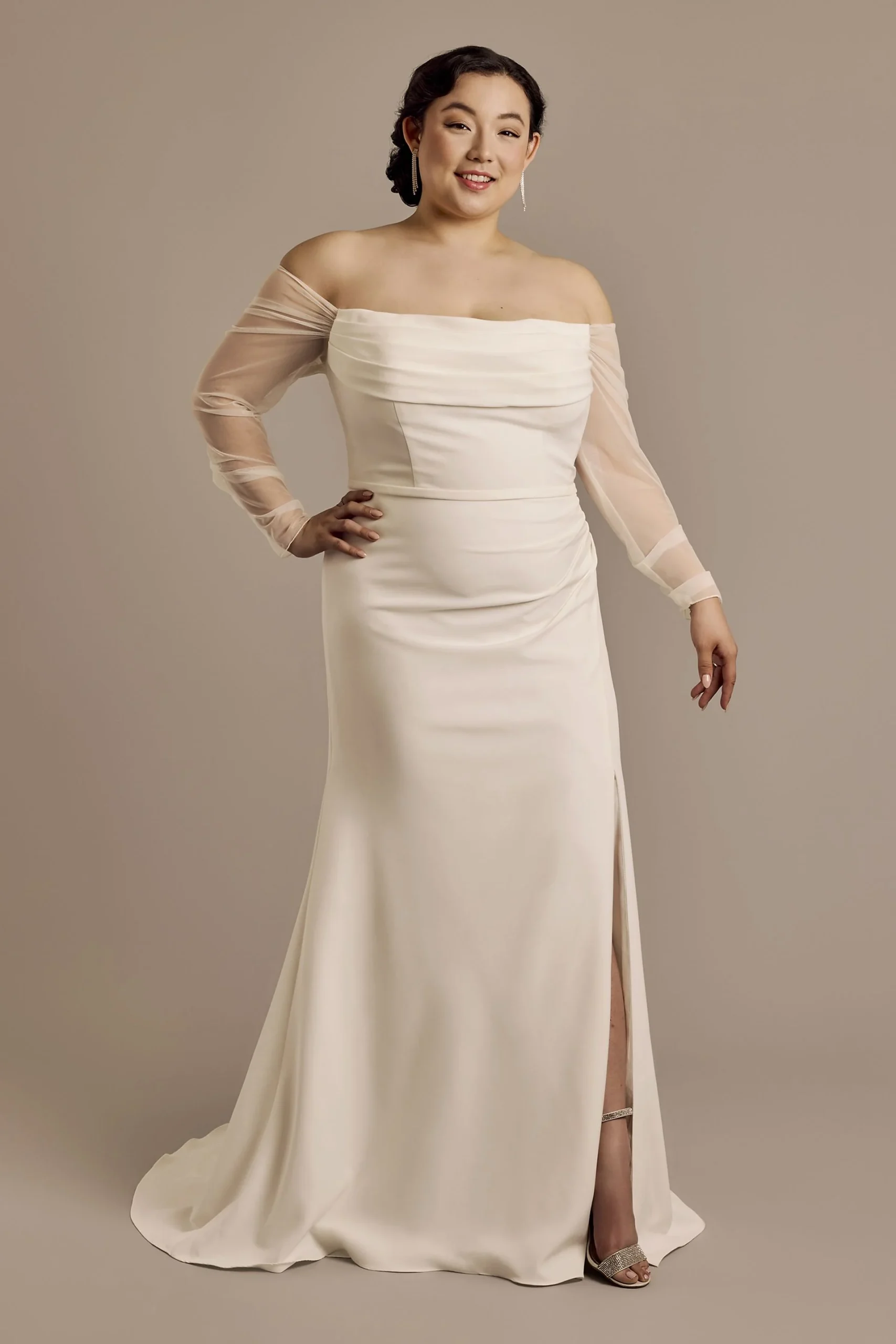 Stretch Crepe Cowl Long-Sleeve Wedding Dress