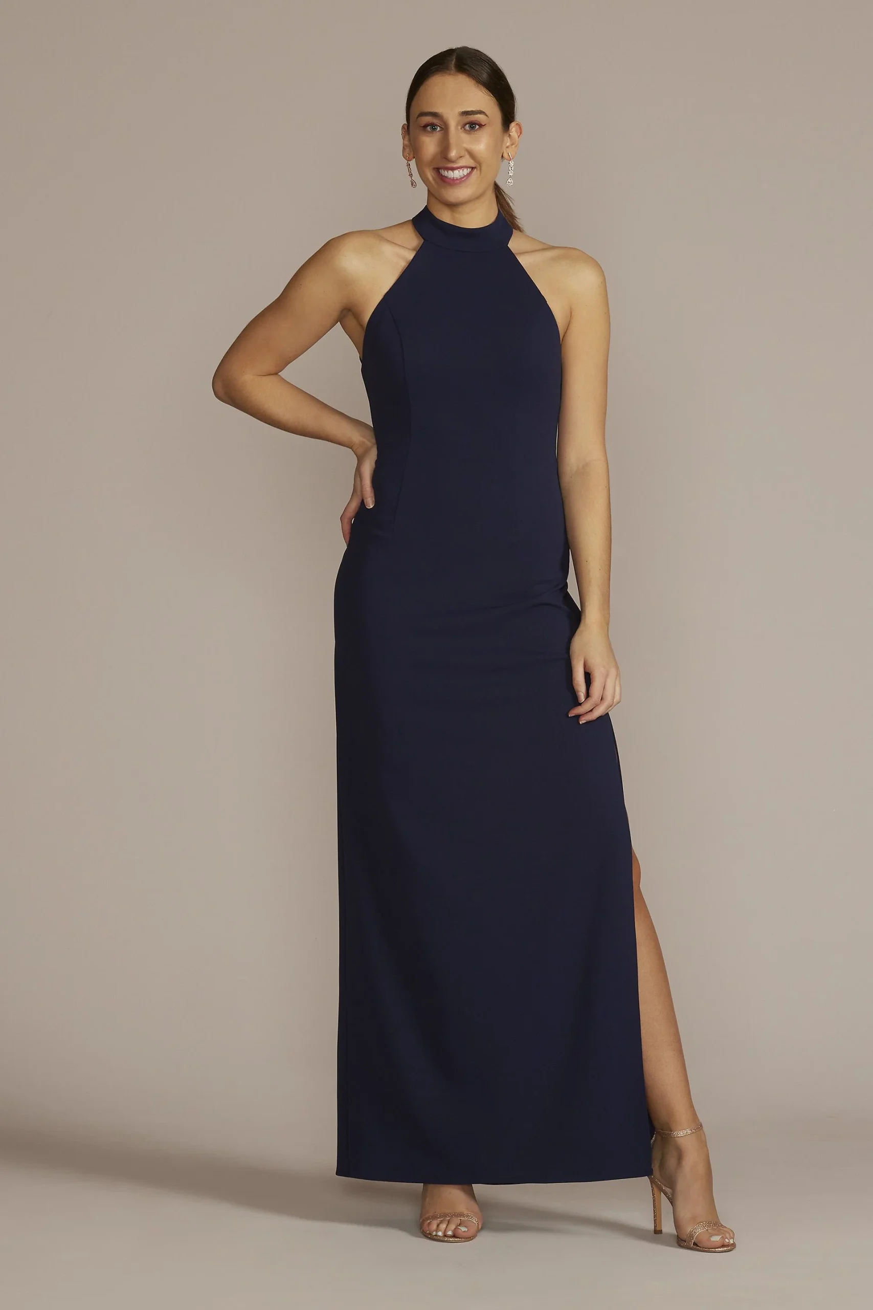 Stretch Crepe Halter Sheath Dress with Side Slit