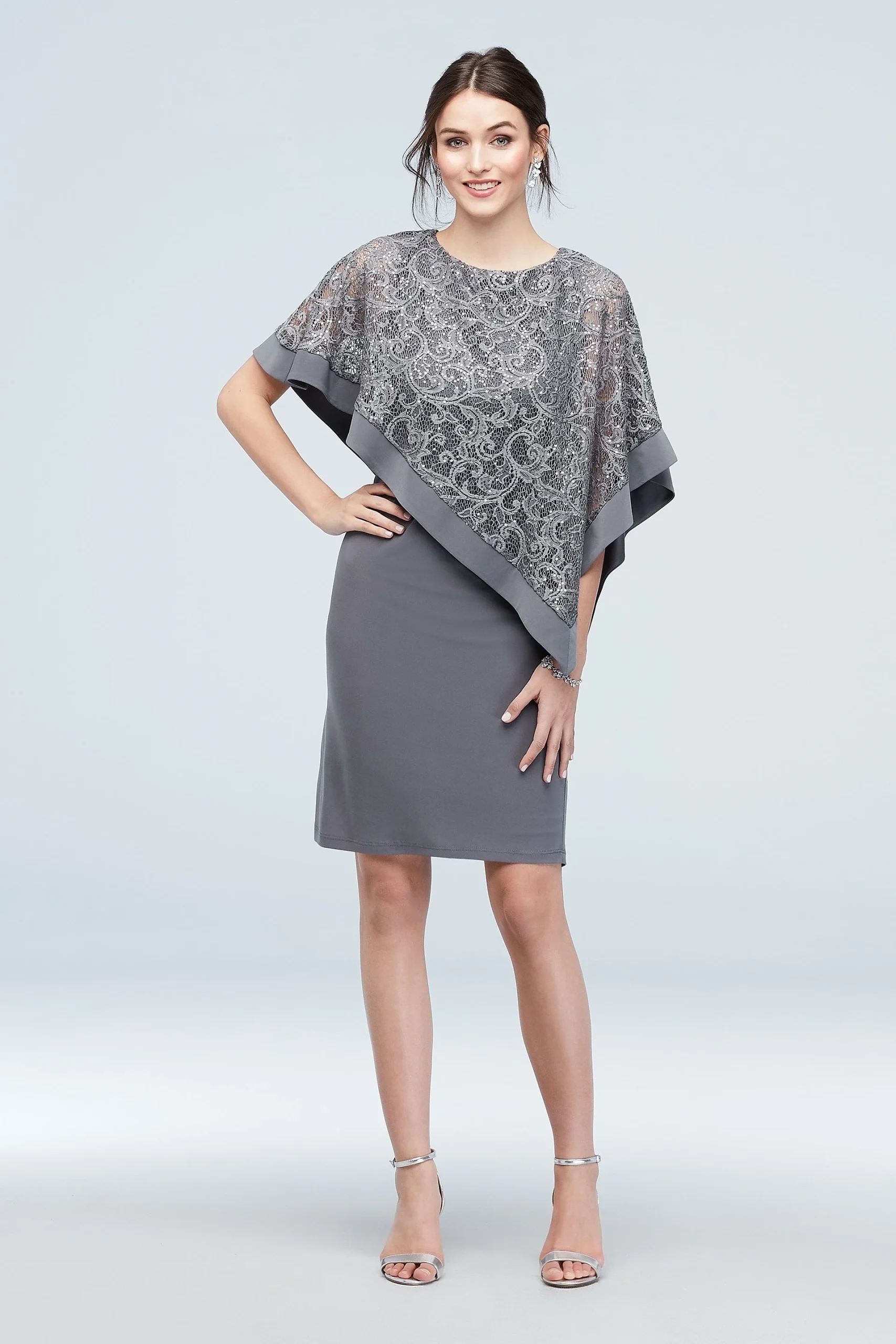 Stretch Knit Sheath with Asymmetrical Lace Cape