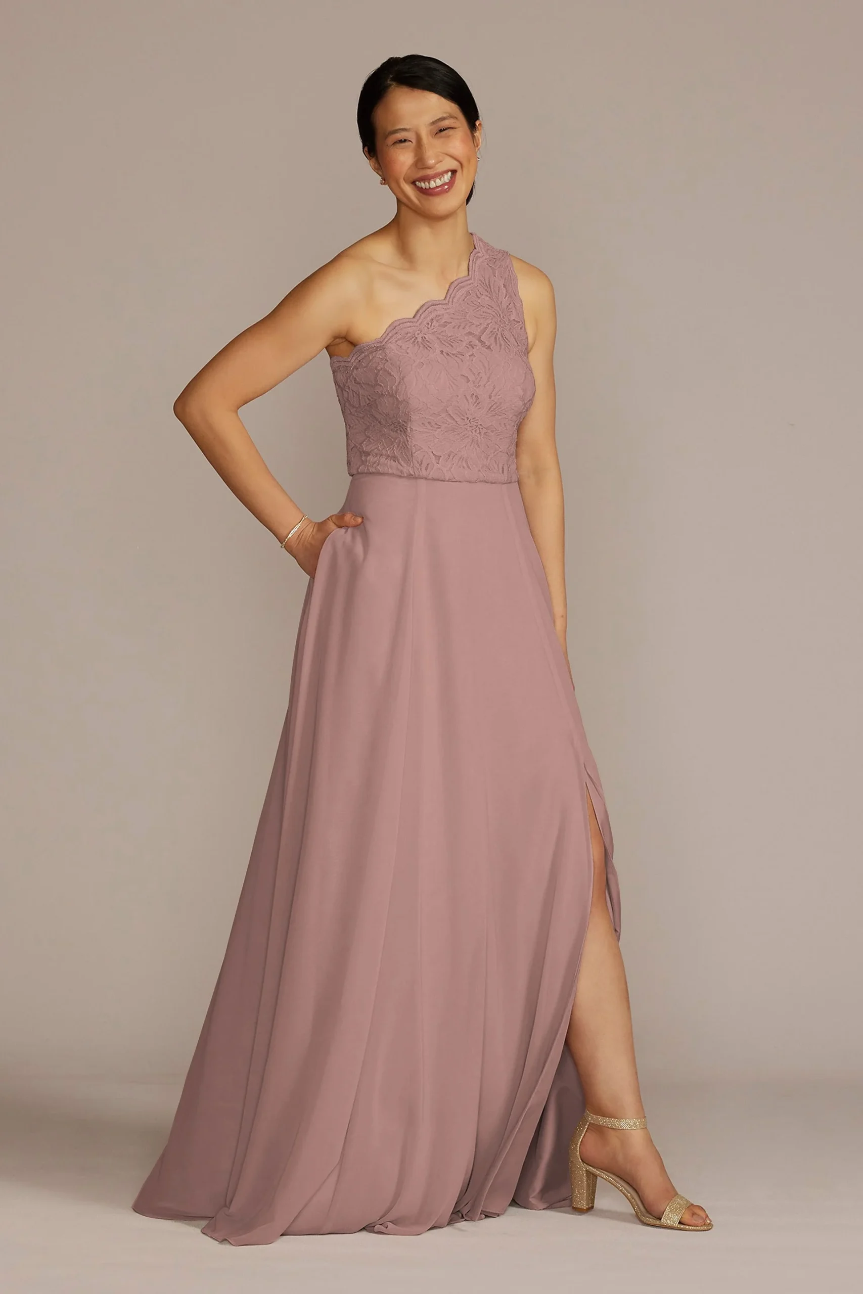 Stretch Lace Chiffon One-Shoulder Bridesmaid Dress