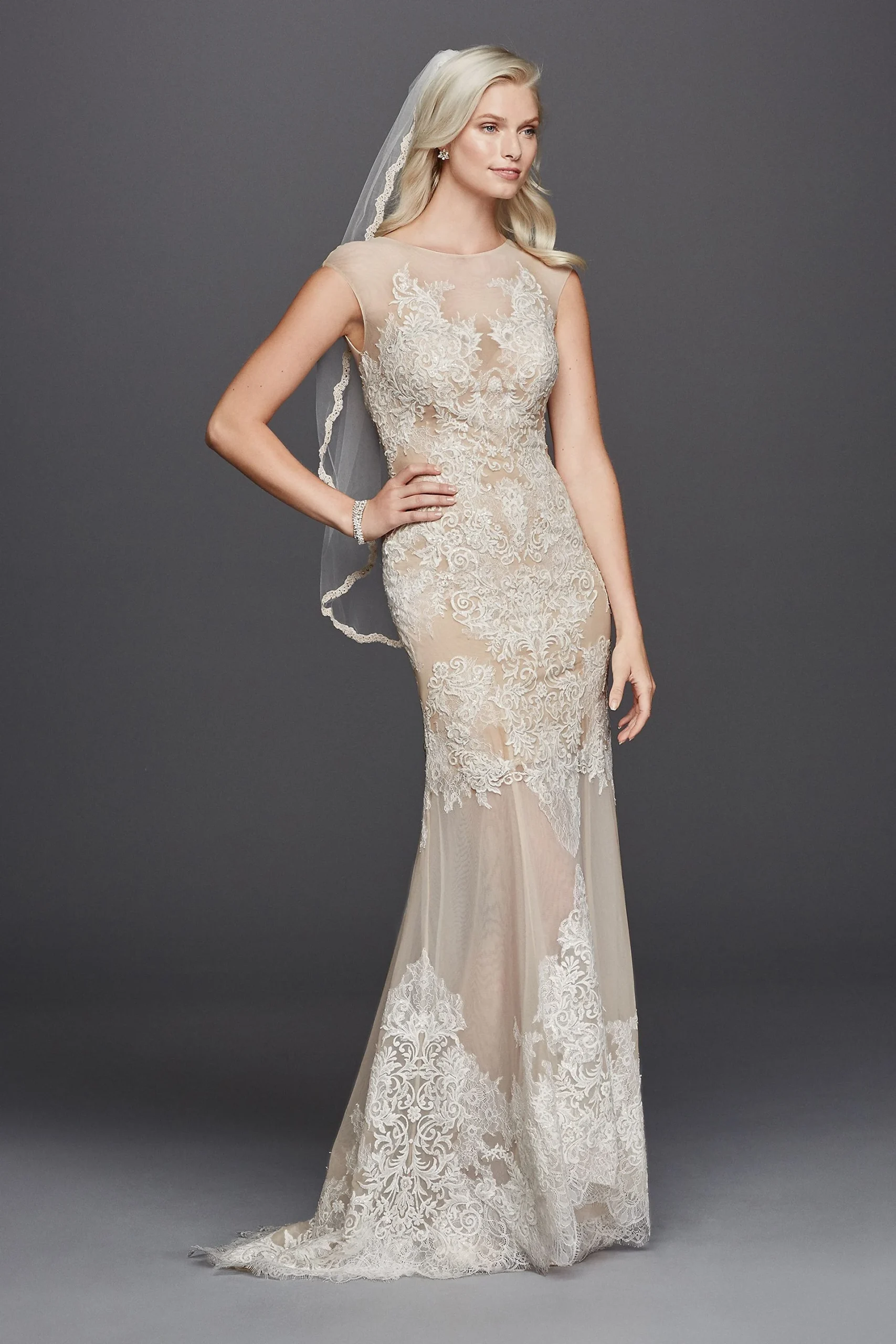 Stretch Mesh Sheath Wedding Dress with Cap Sleeves