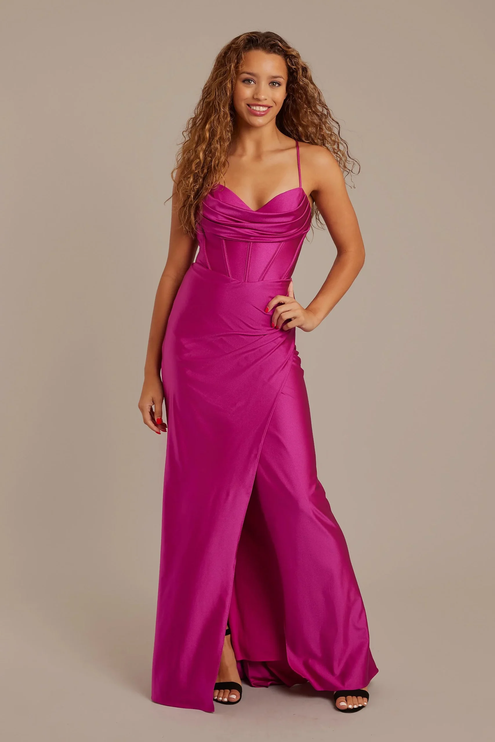Stretch Satin Cowl Corset Sheath Dress