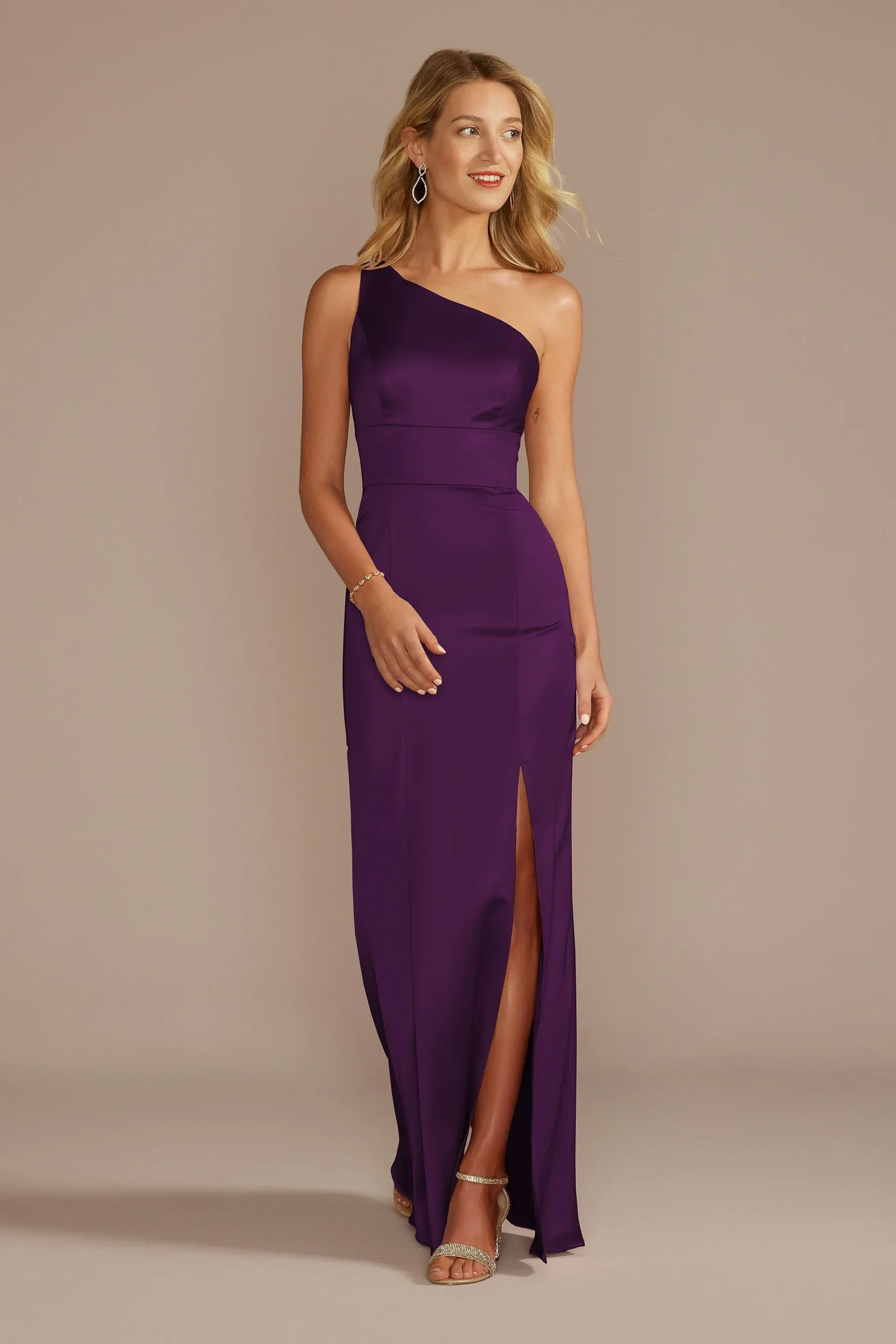 Stretch Satin One-Shoulder Sheath Dress