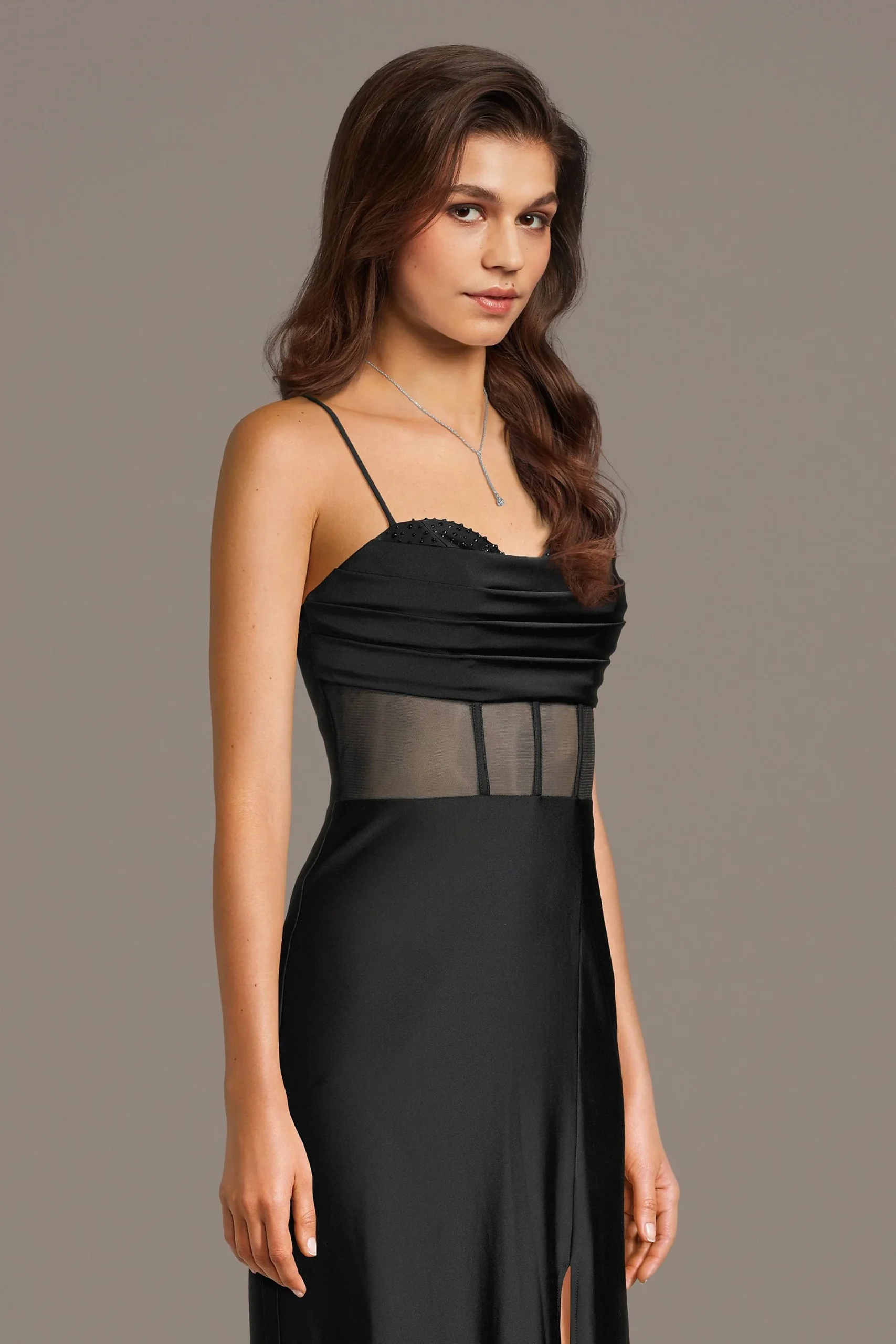 Stretch Satin Peekaboo Bodice A-Line Dress