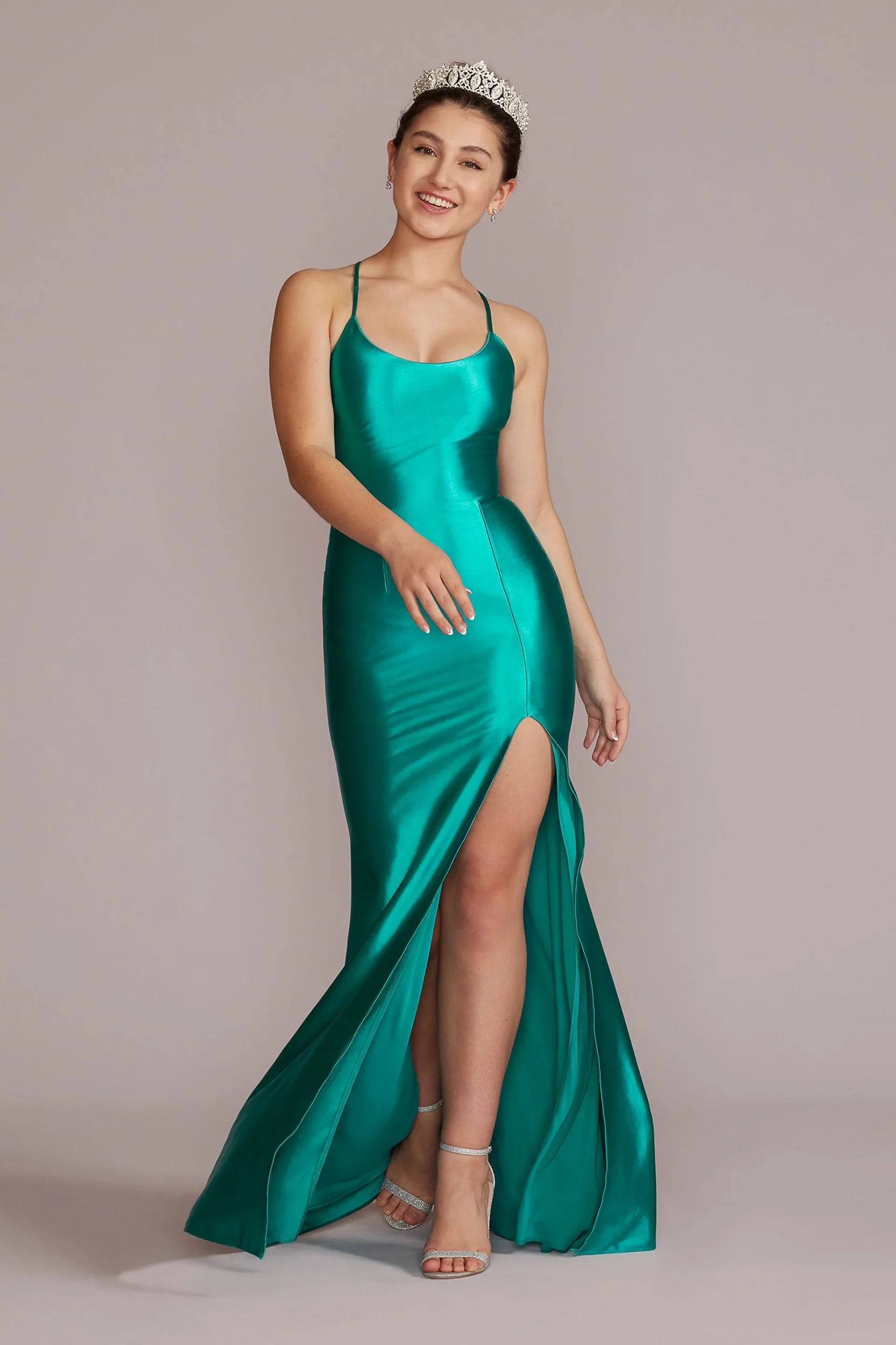 Stretch Satin Scoop Neck Sheath with Slit
