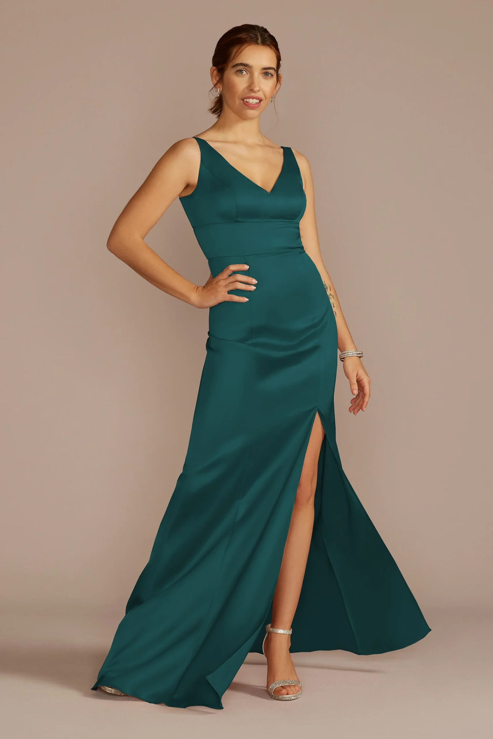 Stretch Satin V-Neck Tank Sheath Dress