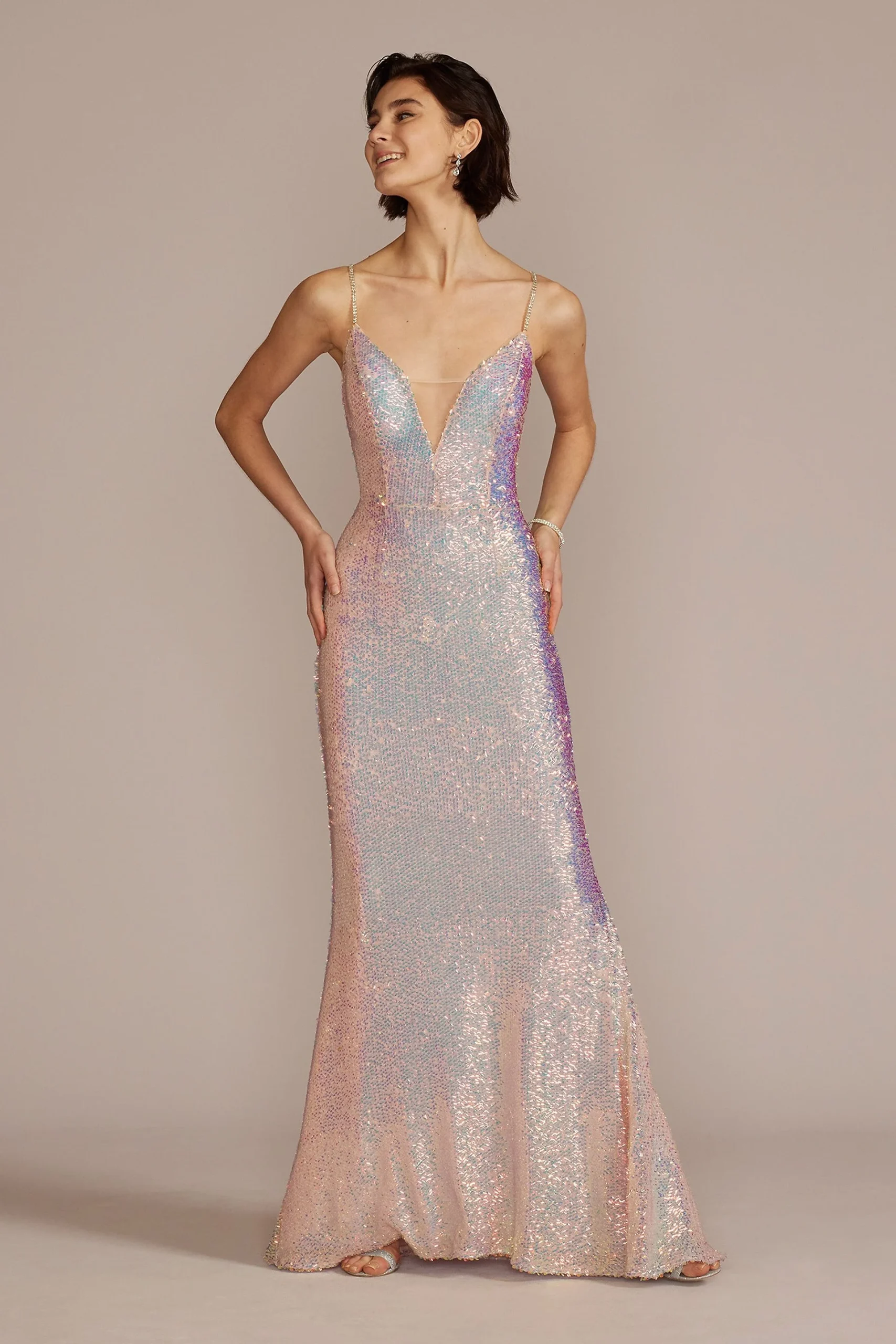 Stretch Sequin Prom Dress with Illusion V-Neck