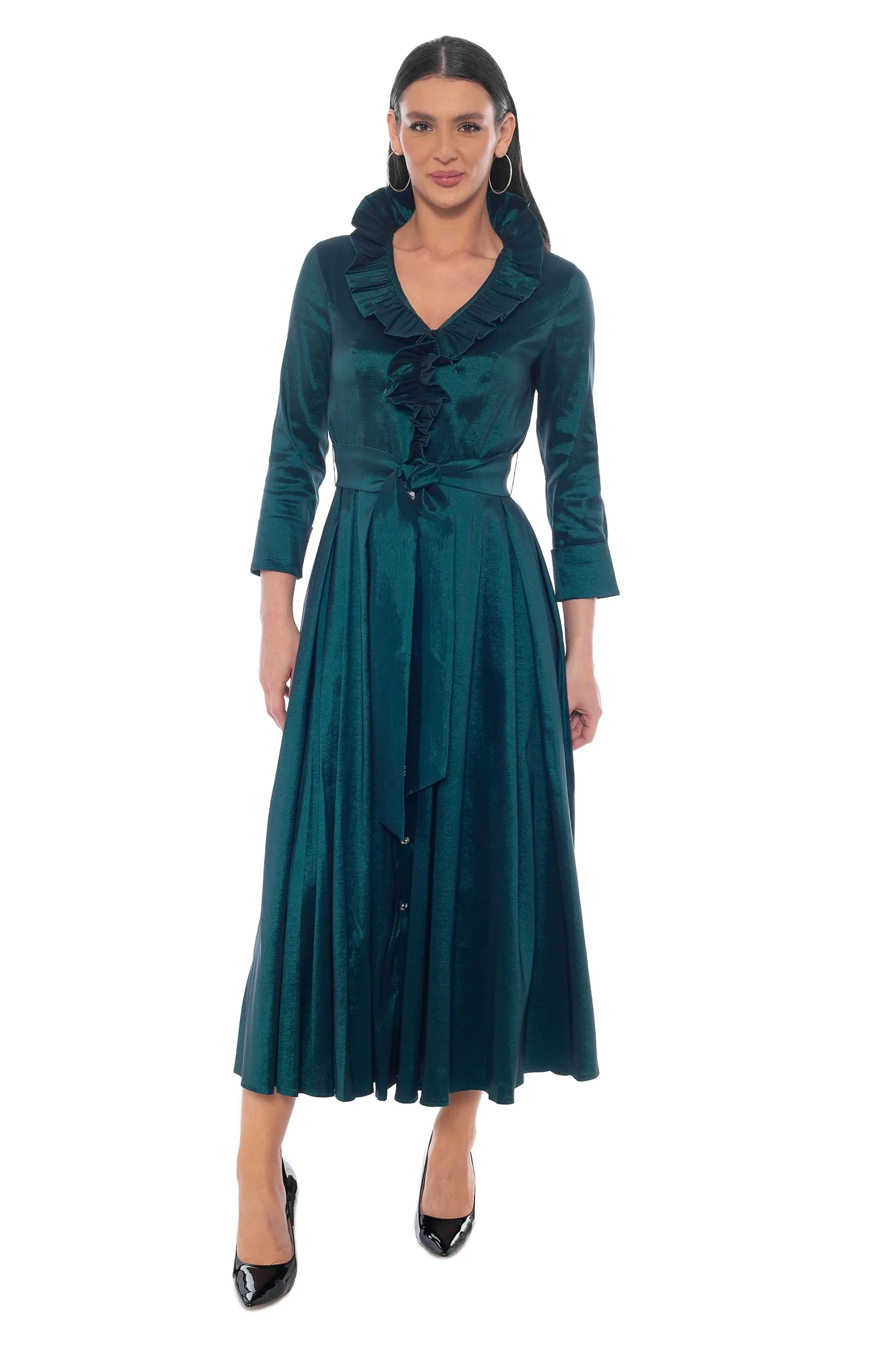 Stretch Taffeta Ruffle Collar Bodice Shirt Dress