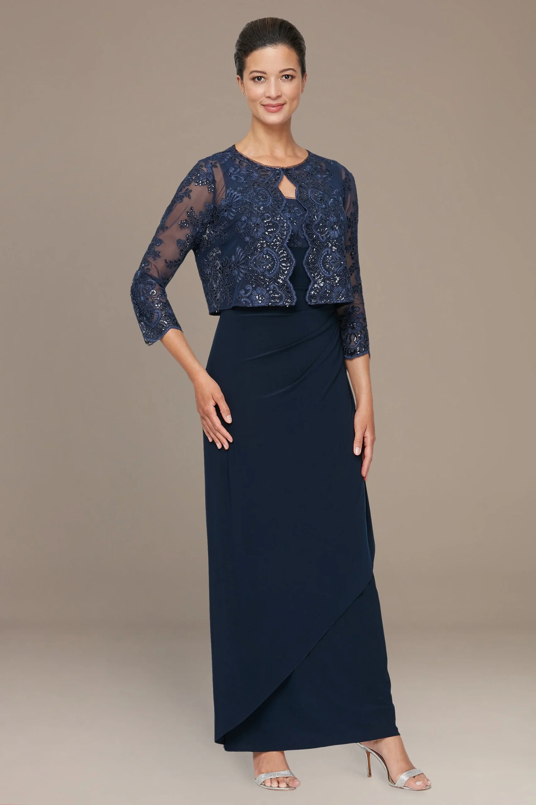 Stretch Tulle Sheath Tank Dress with Lace Jacket