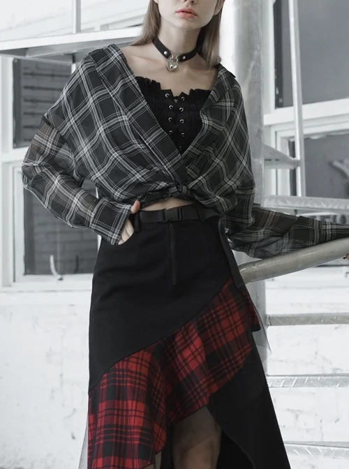 Suit Collar Long Sleeve Lace-Up Hem Black Lattice Punk Short Shirt