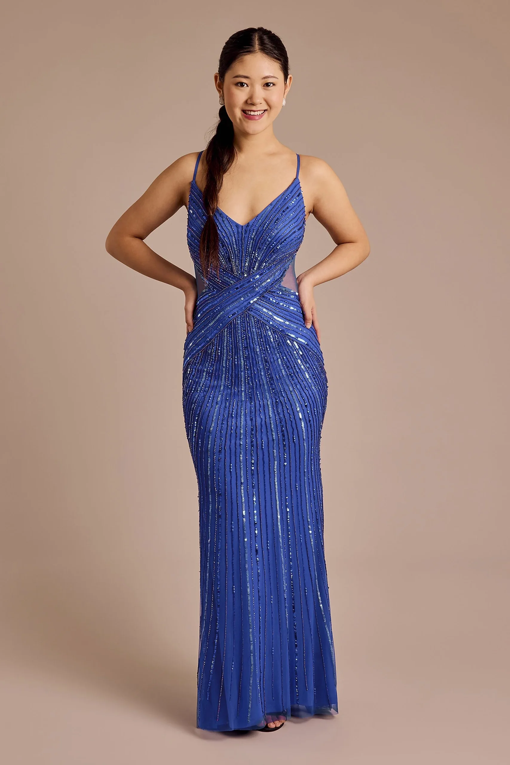 Sunburst Beaded Sheath Dress with Mesh Cutouts