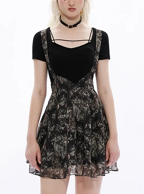 Super Cool Chiffon Lace Black Cat Print Straps Waist Low Cut A-Shaped Wide Hem Gothic Suspender Skirt