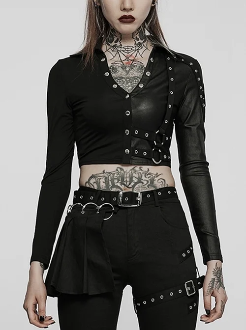 Super Cool Slim Fit Black Strap Sexy Gothic Cropped Pullover Long Sleeve Polo Tee