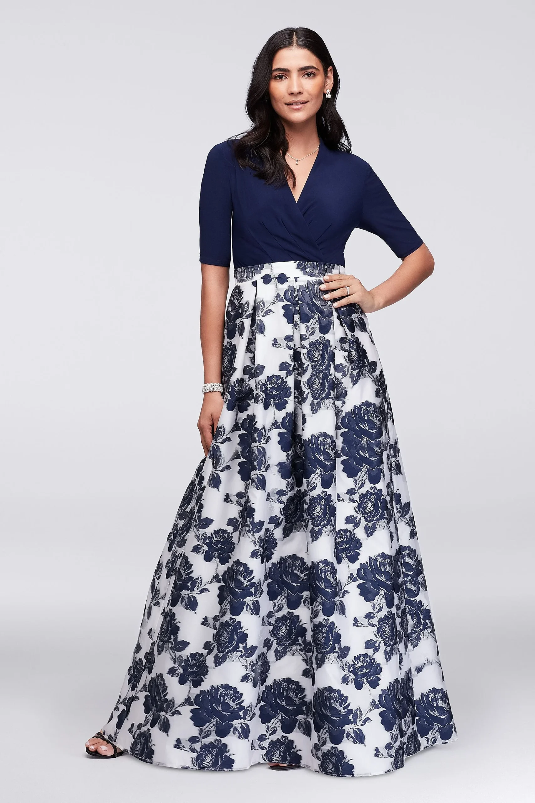Surplice Ball Gown with Metallic Jacquard Skirt