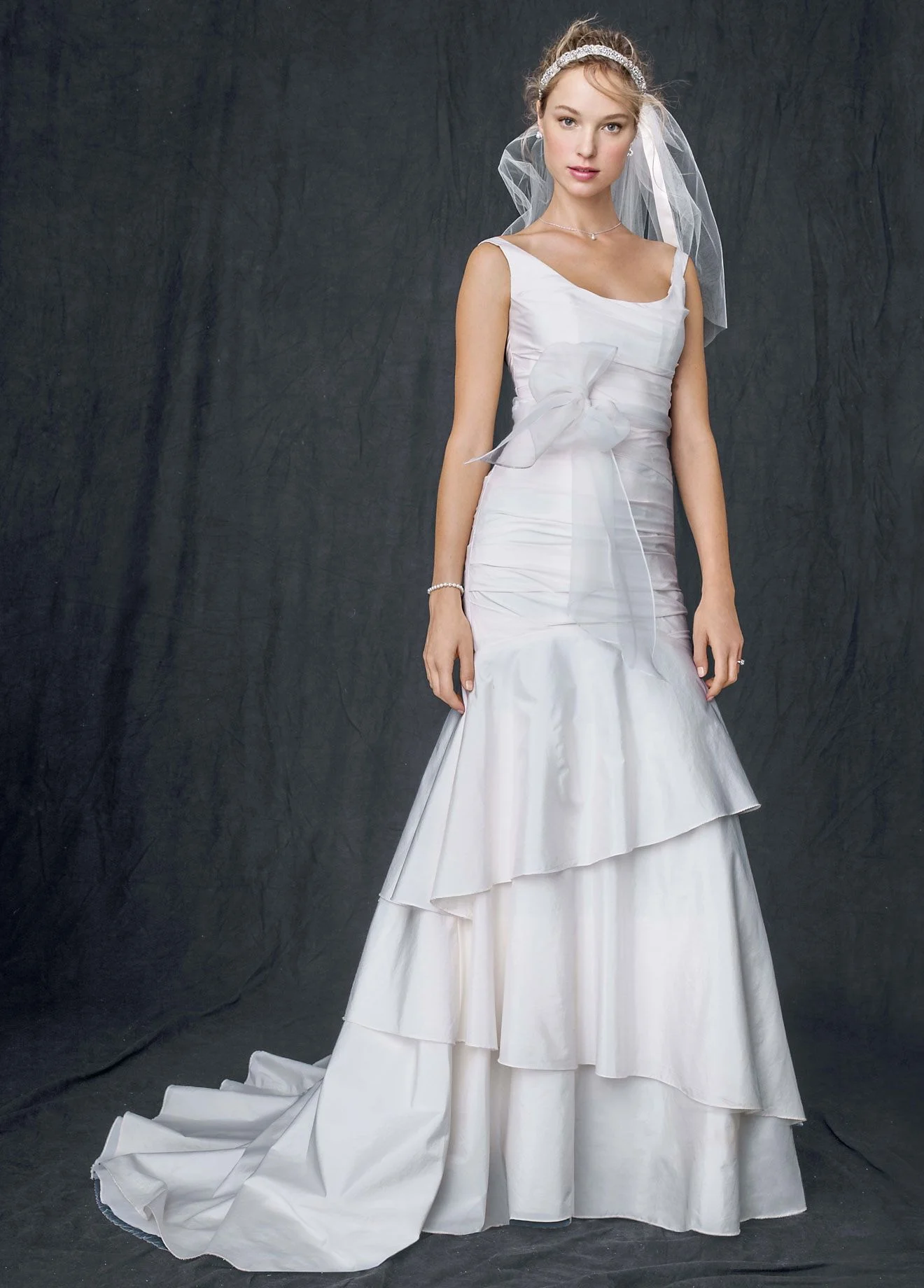 Taffeta Scoop Neck Ruched Bridal Gown with Tiering