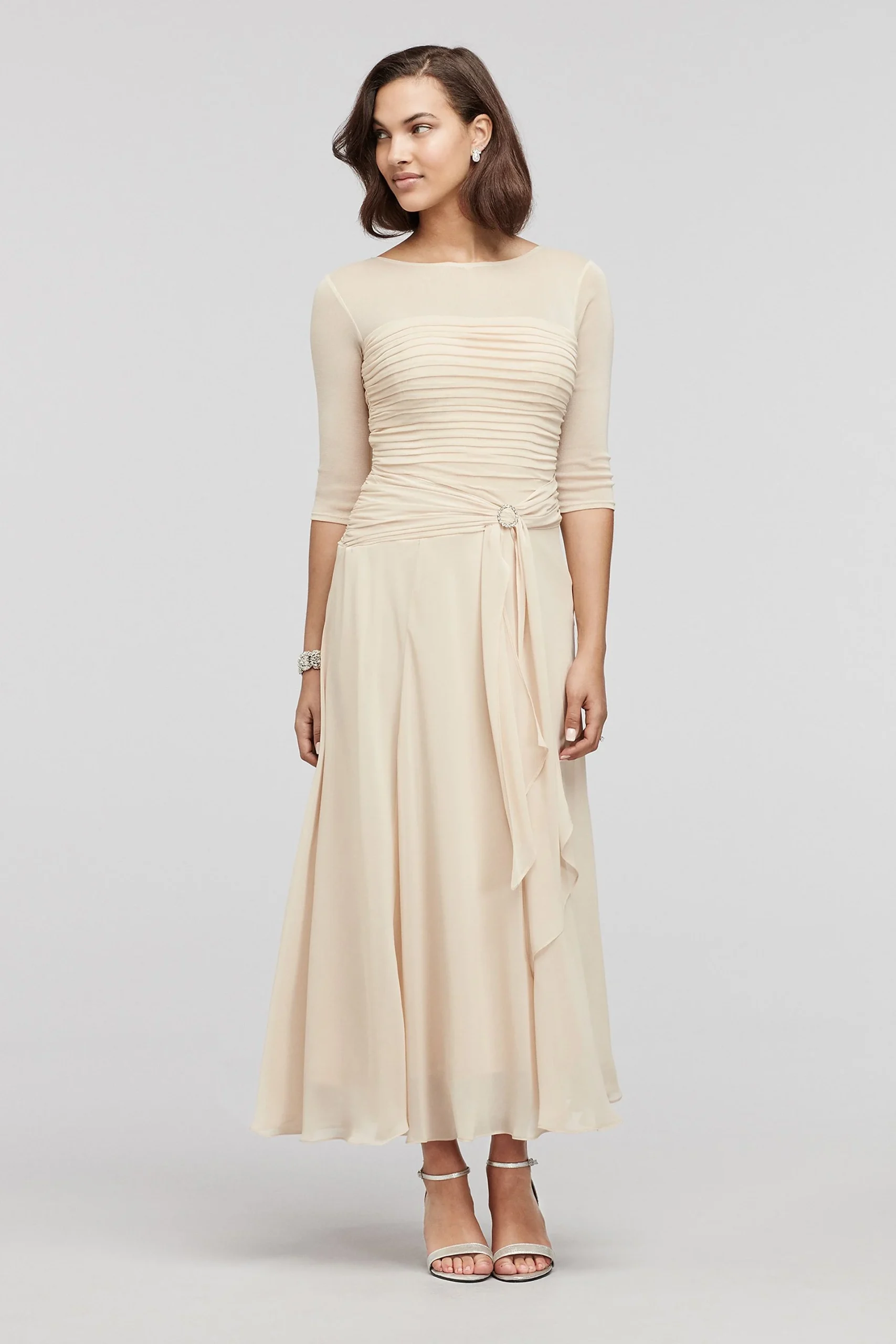 Tea Length Chiffon Dress with Sash Detail