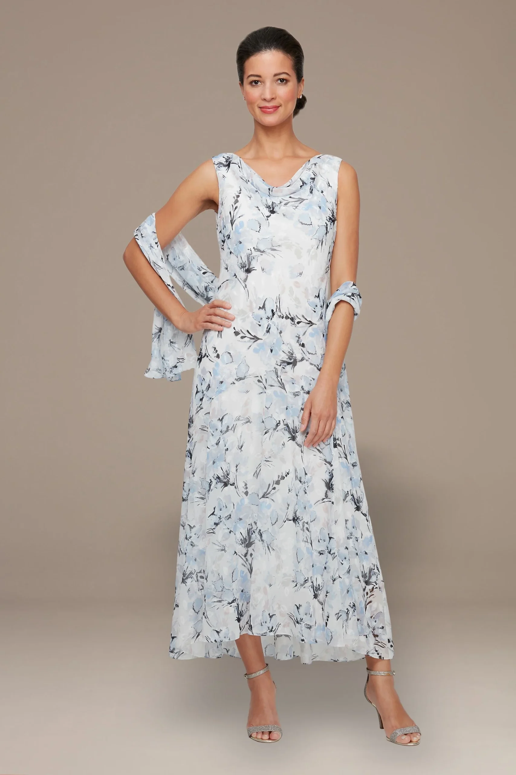 Tea-Length Floral Dress with Cowl Neck and Shawl