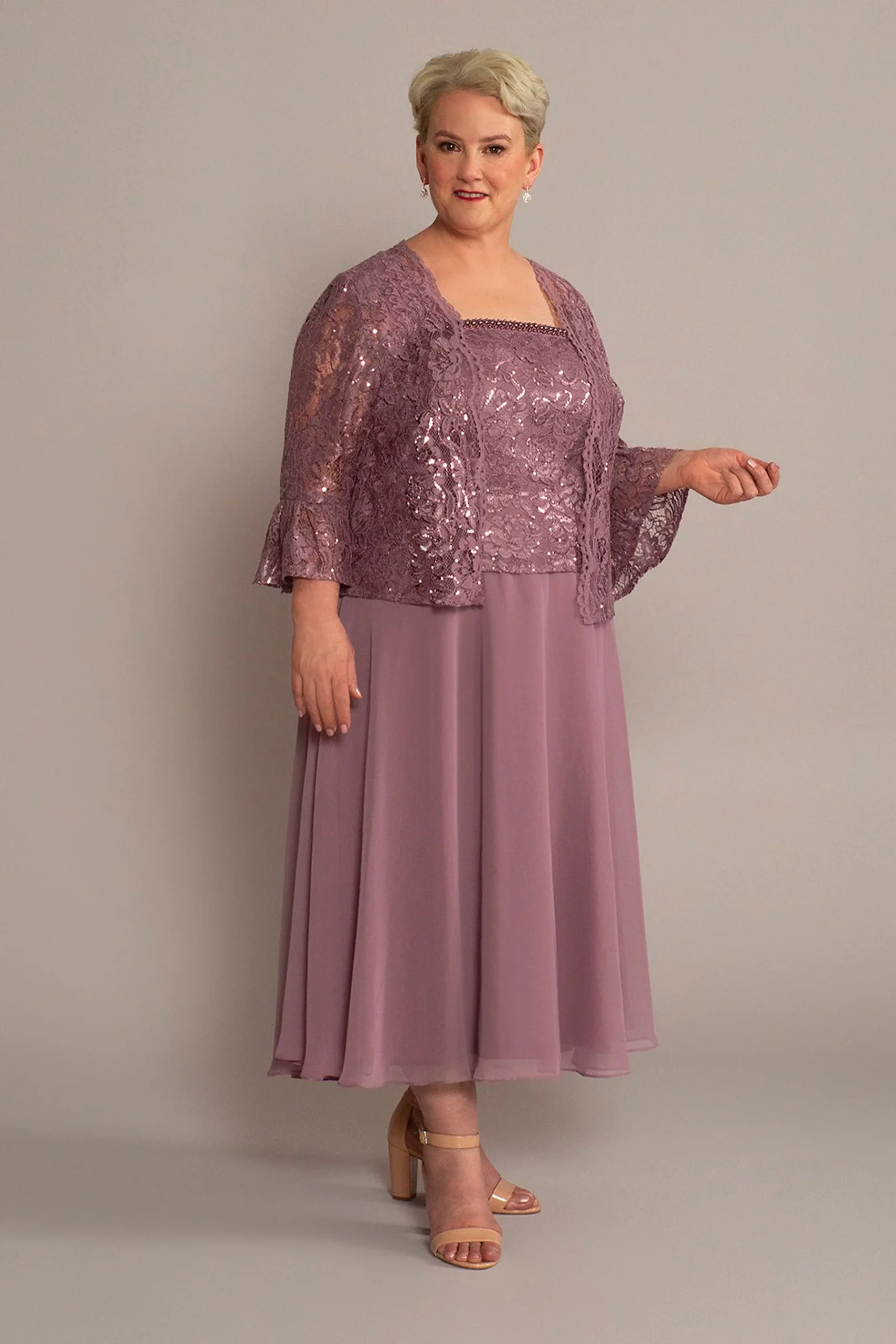 Tea-Length Lace and Chiffon A-Line Jacket Dress